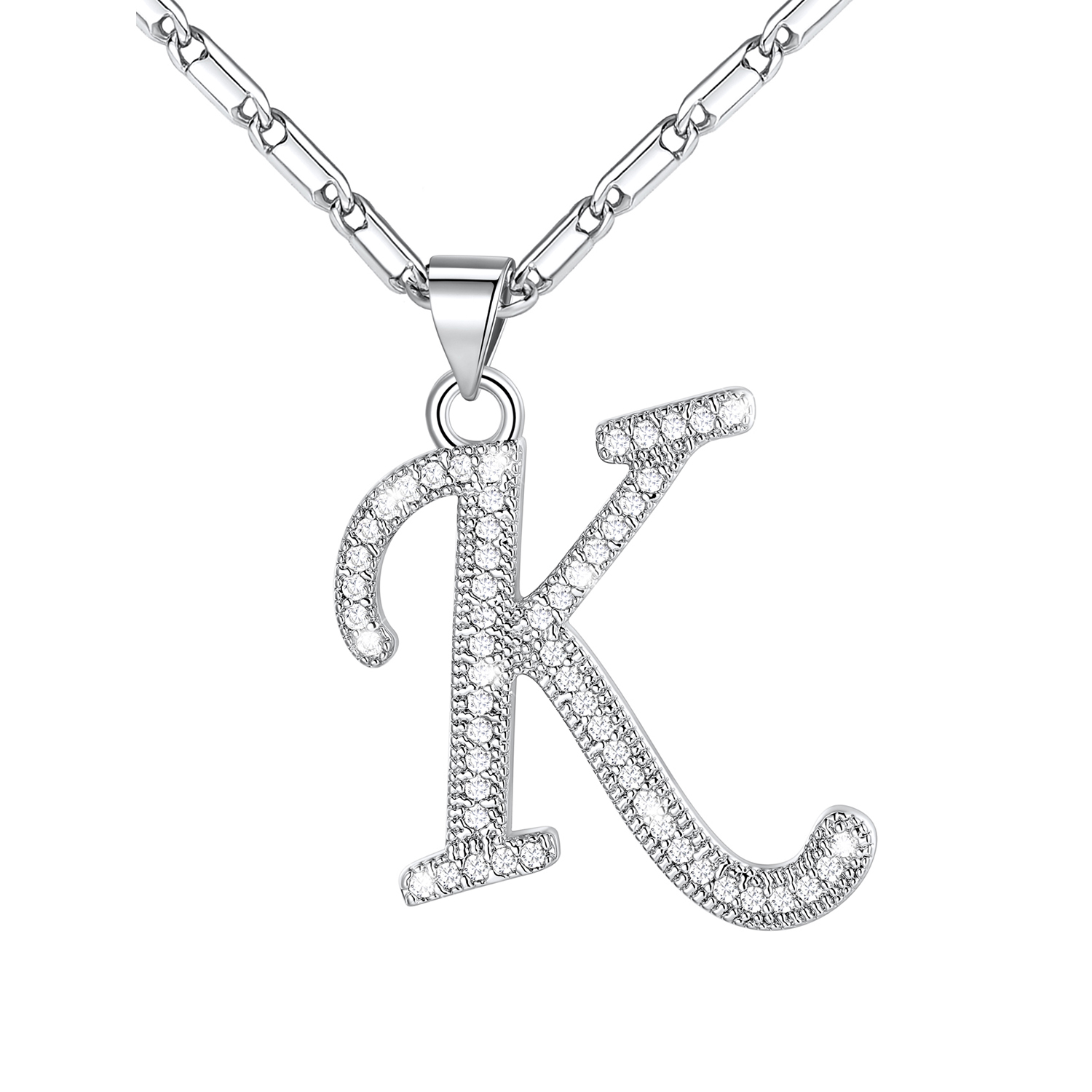 Initial Pendant Necklace with CZ in Platinum Plated - K