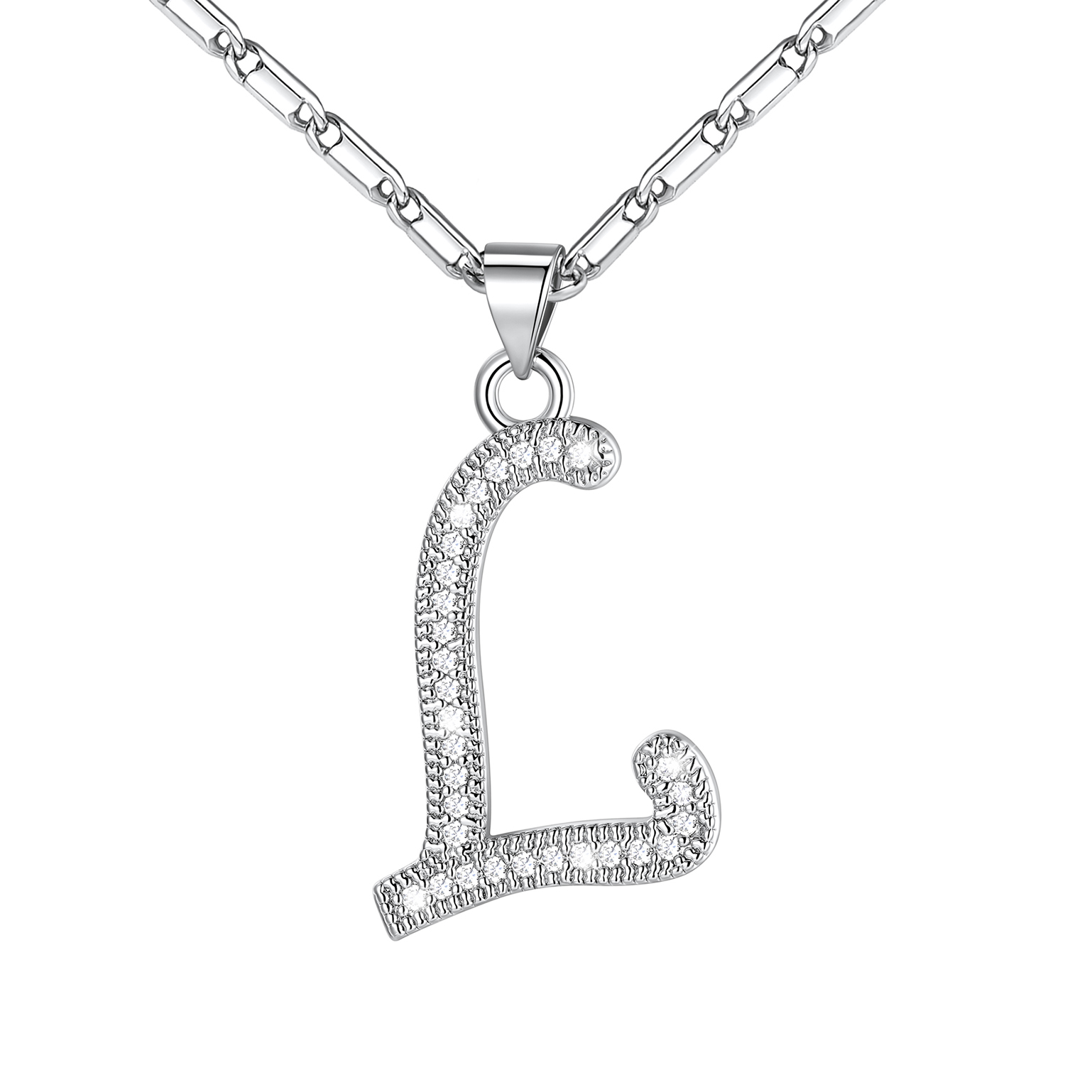 Initial Pendant Necklace with CZ in Platinum Plated - L