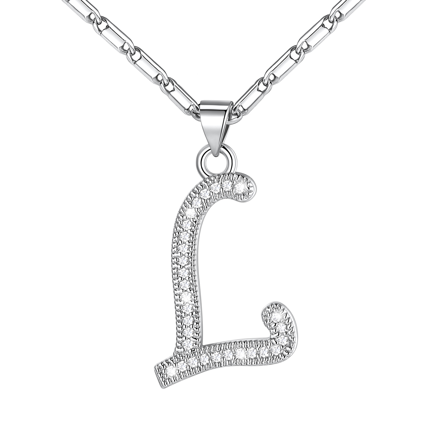 Initial Pendant Necklace with CZ in Platinum Plated - L