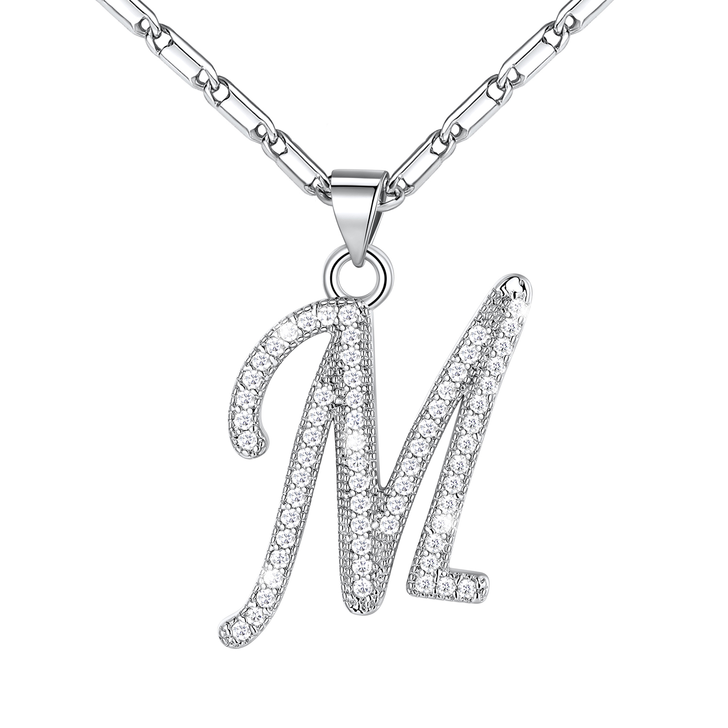 Initial Pendant Necklace with CZ in Platinum Plated - M