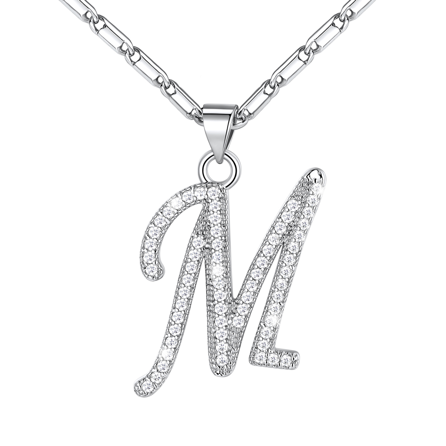 Initial Pendant Necklace with CZ in Platinum Plated - M