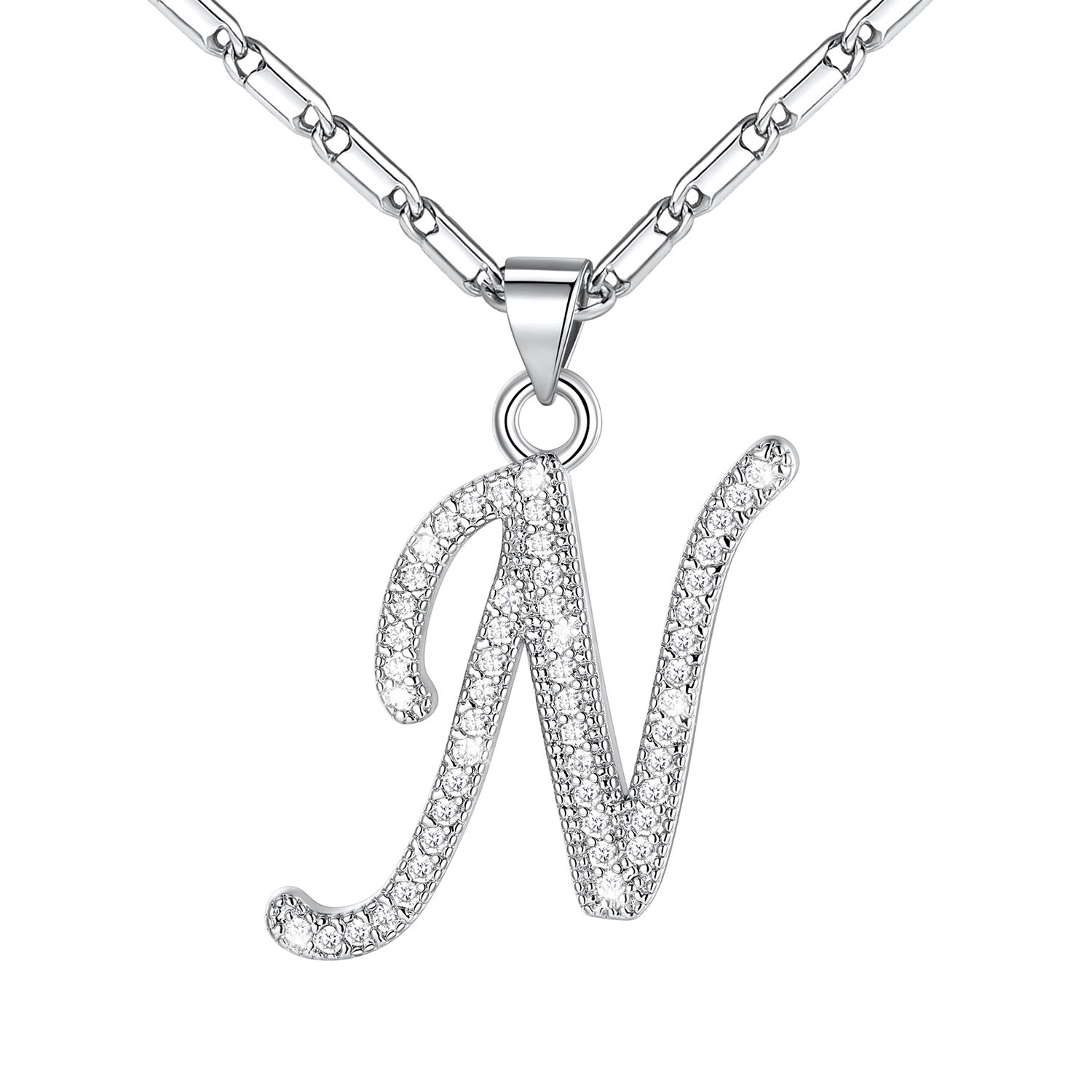 Initial Pendant Necklace with CZ in Platinum Plated - N