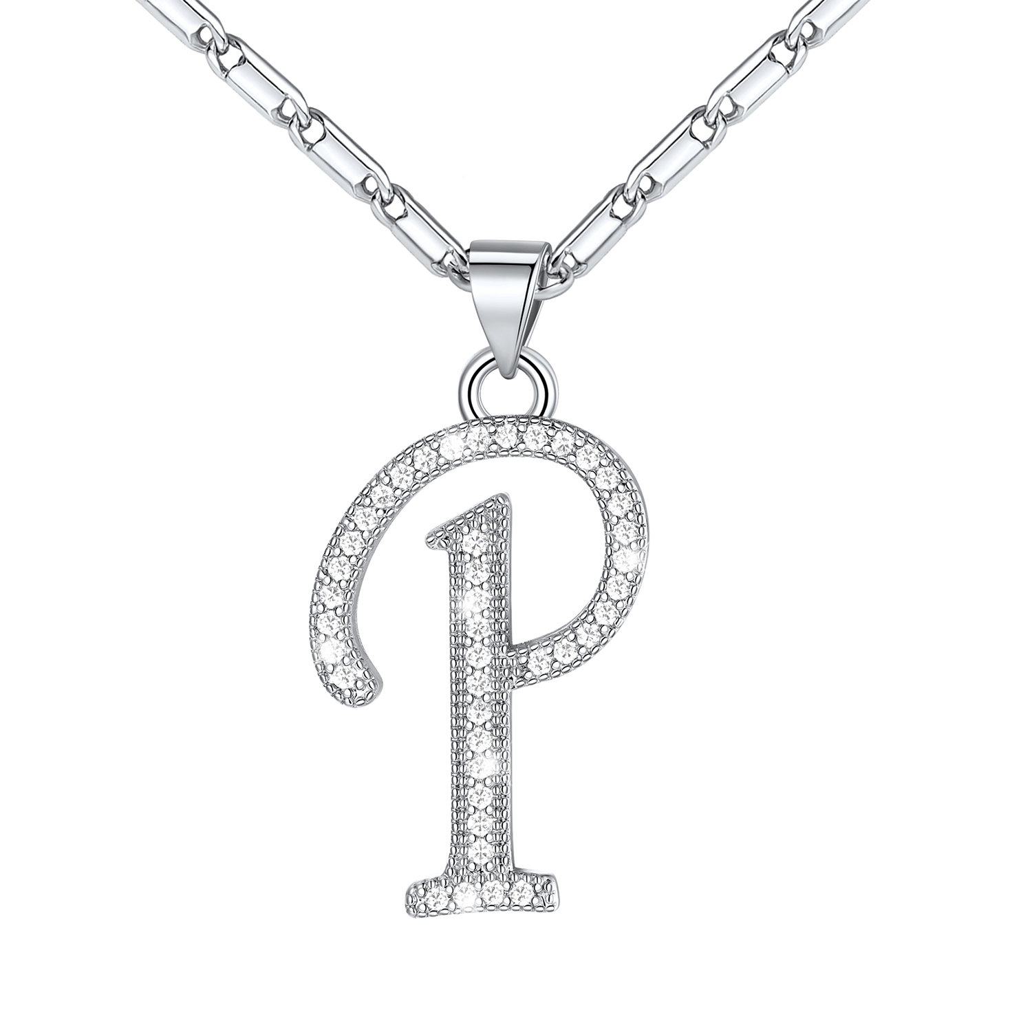 Initial Pendant Necklace with CZ in Platinum Plated - P