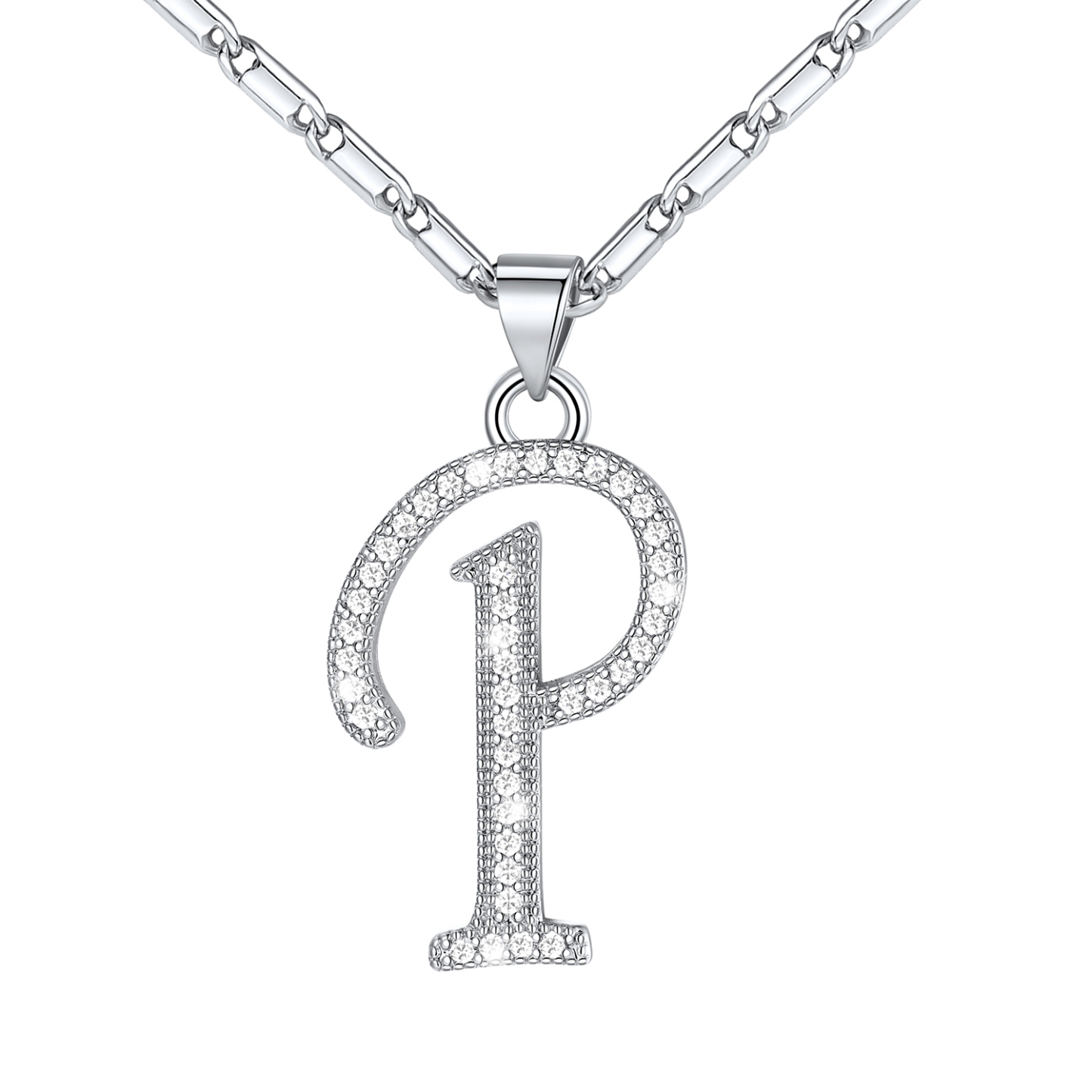 Initial Pendant Necklace with CZ in Platinum Plated - P
