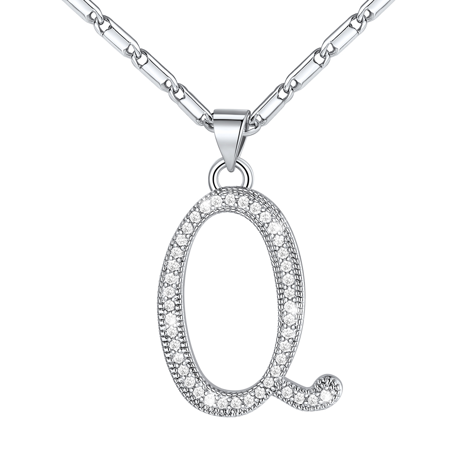 Initial Pendant Necklace with CZ in Platinum Plated - Q