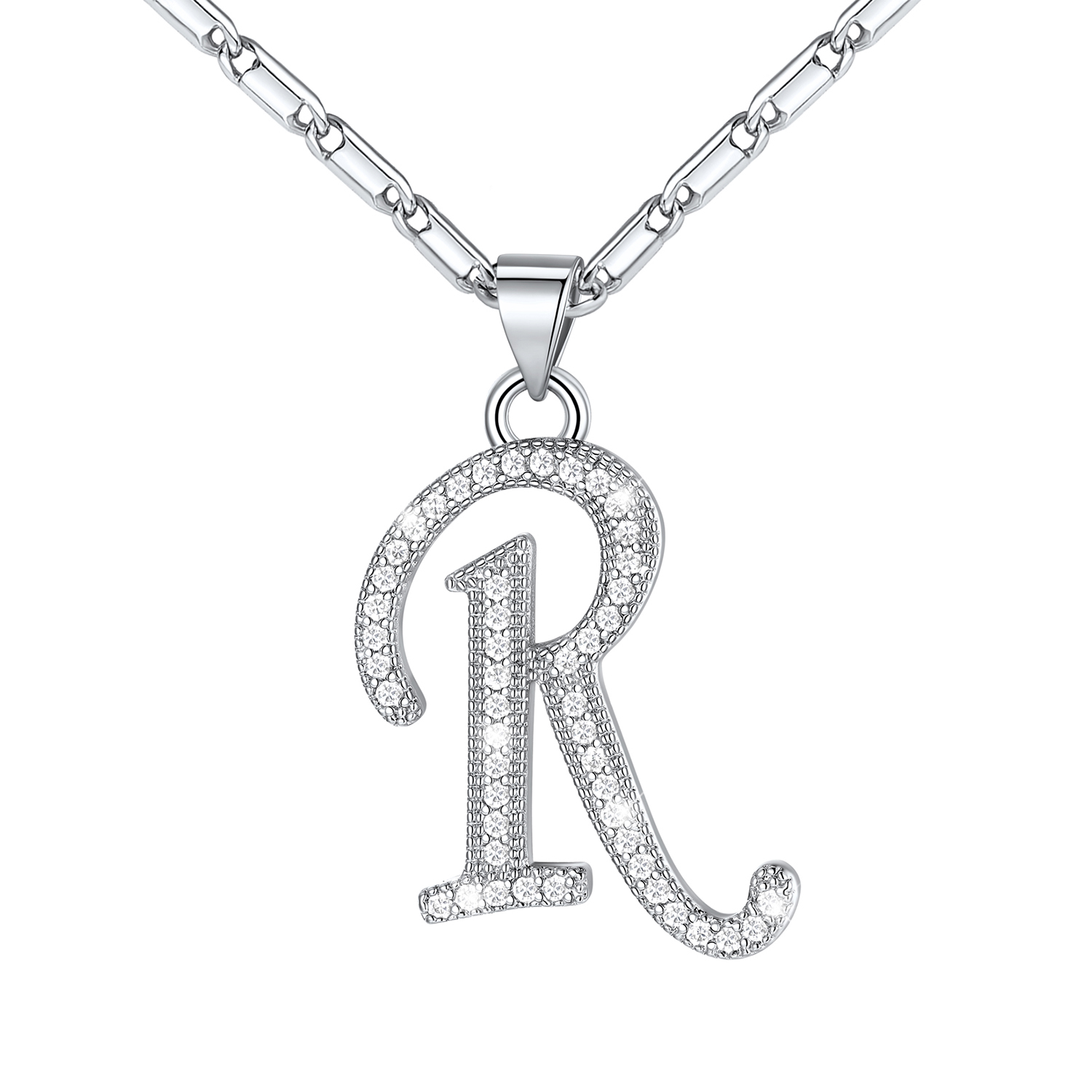 Initial Pendant Necklace with CZ in Platinum Plated - R
