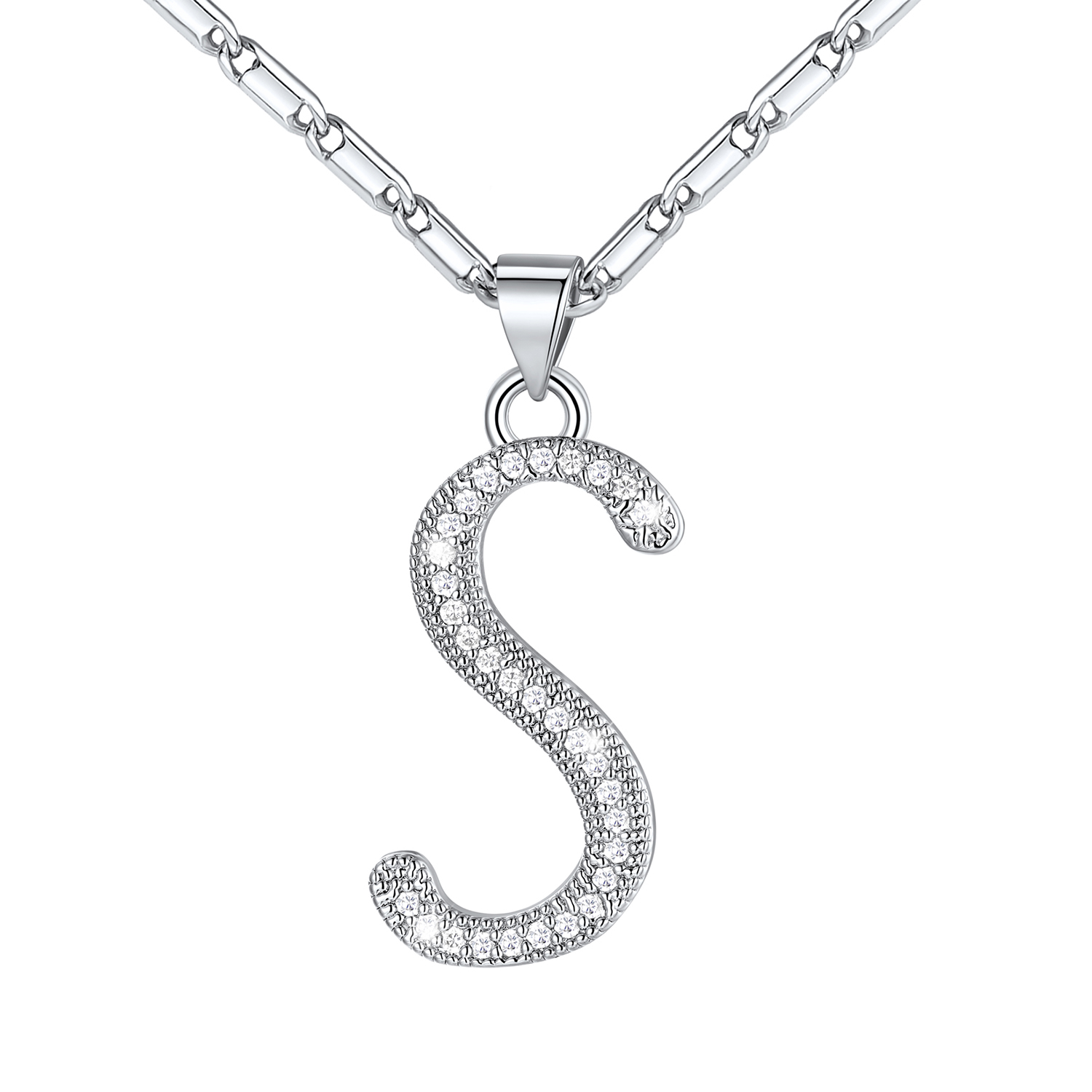 Initial Pendant Necklace with CZ in Platinum Plated - S