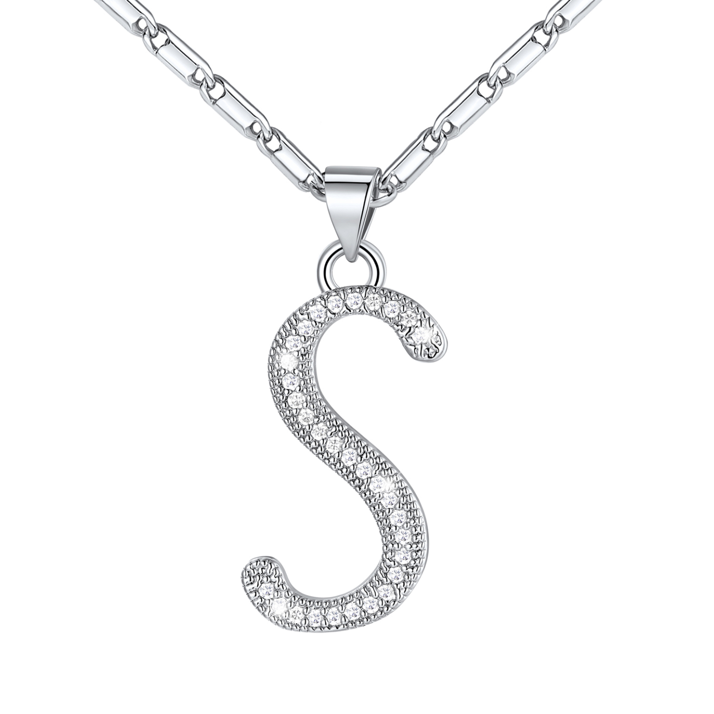 Initial Pendant Necklace with CZ in Platinum Plated - S