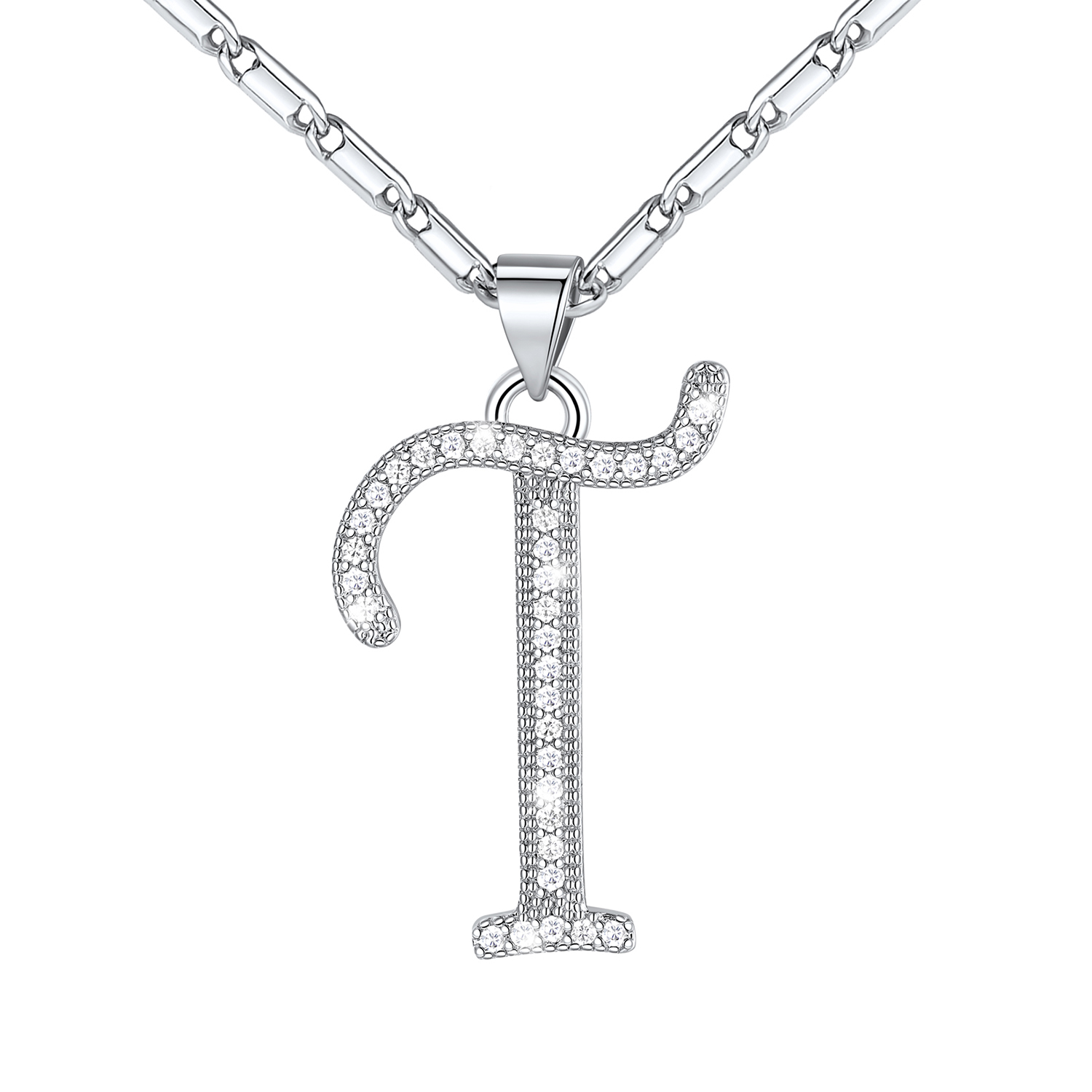 Initial Pendant Necklace with CZ in Platinum Plated - T