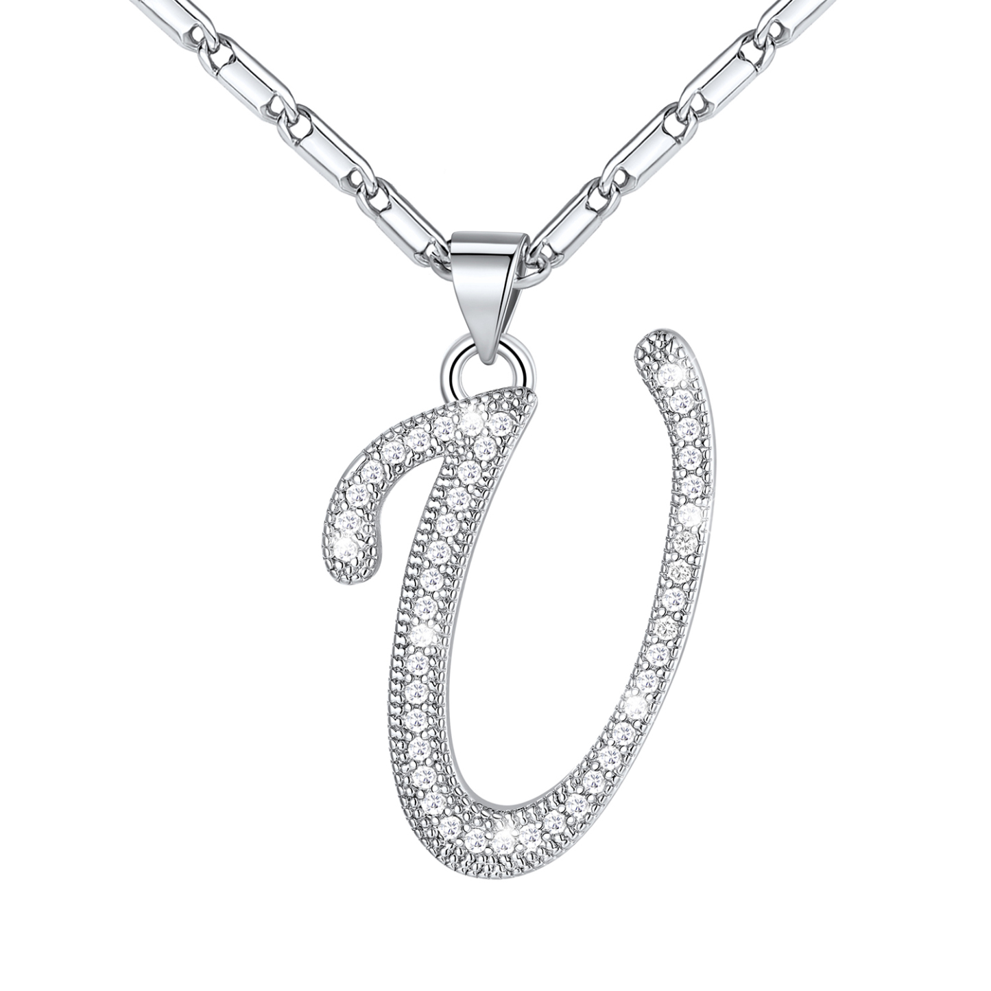 Initial Pendant Necklace with CZ in Platinum Plated - U