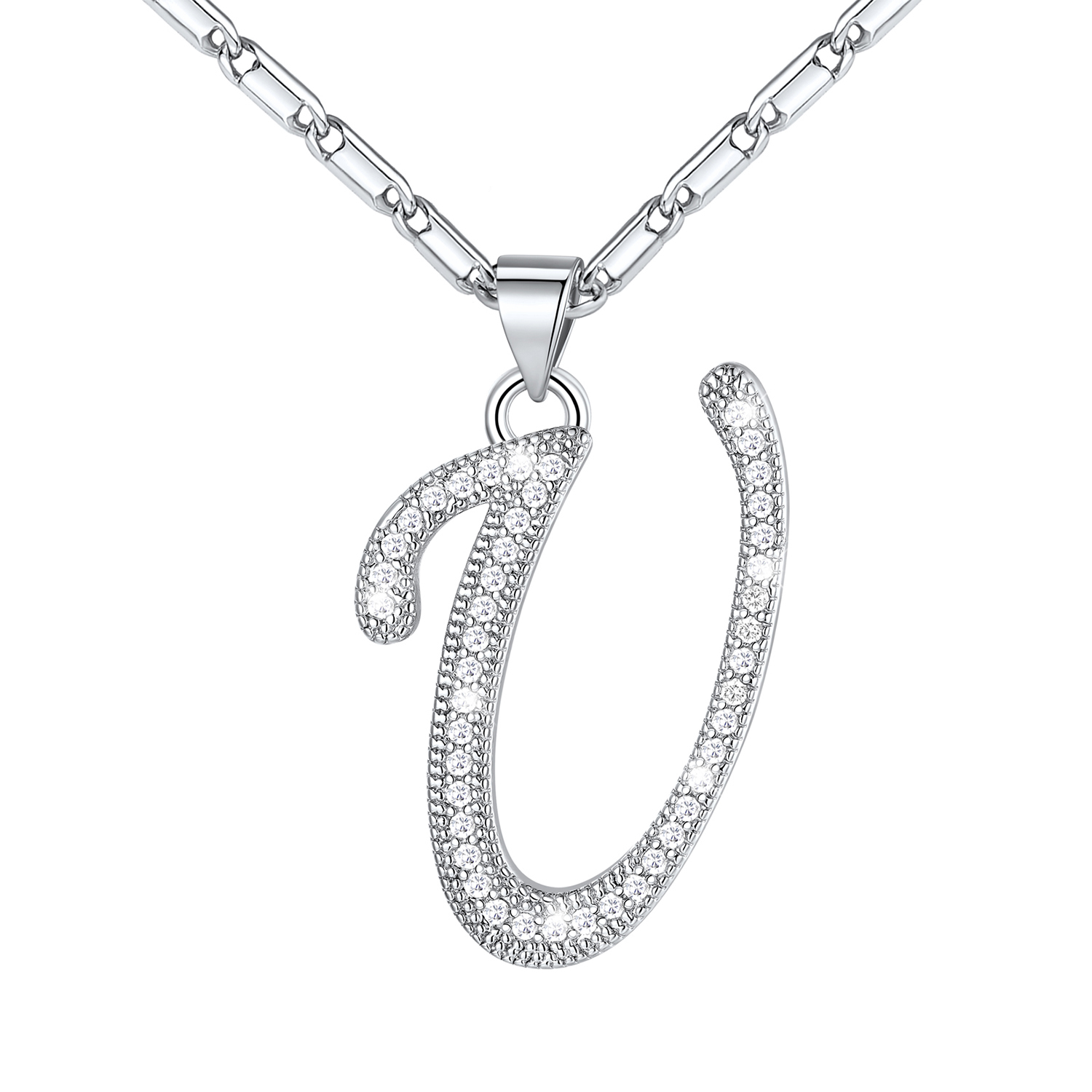 Initial Pendant Necklace with CZ in Platinum Plated - U