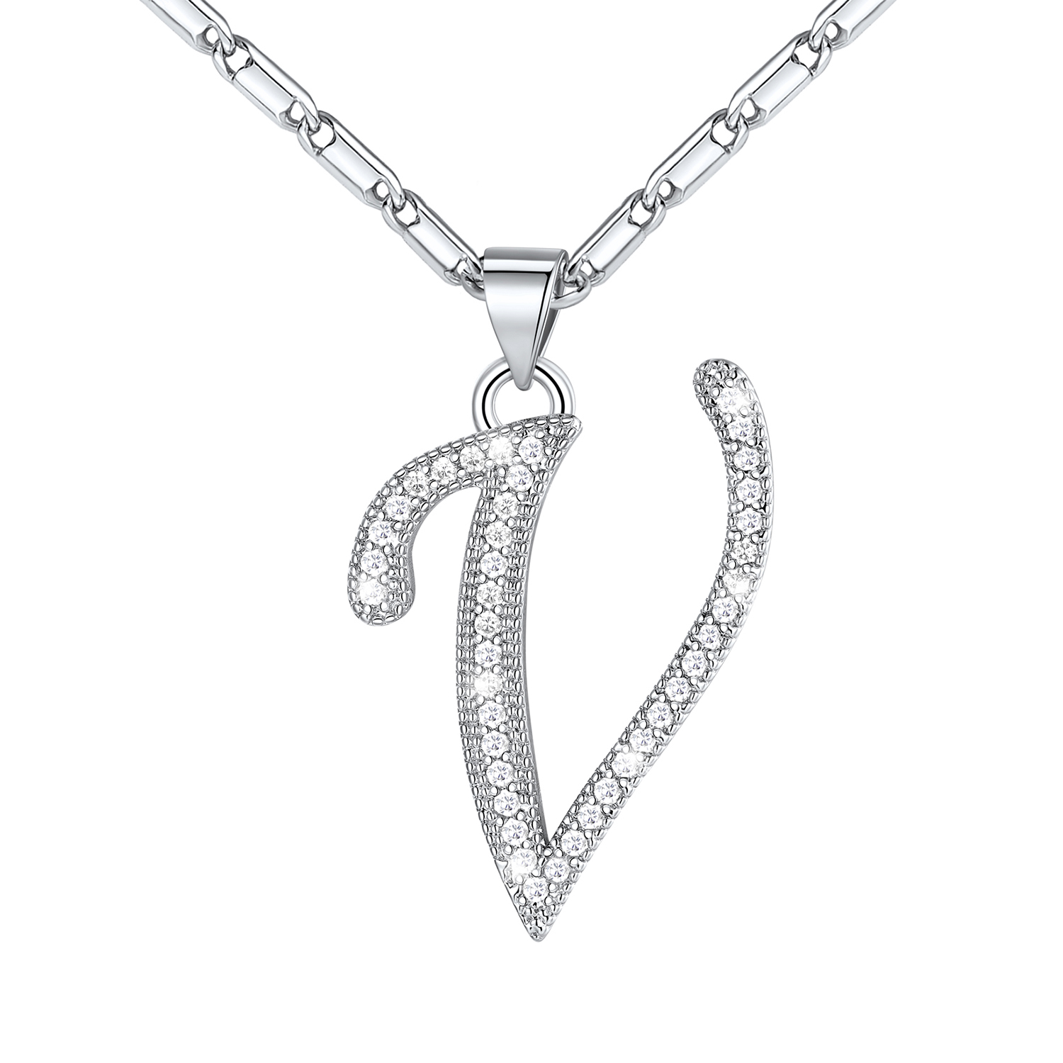 Initial Pendant Necklace with CZ in Platinum Plated - V