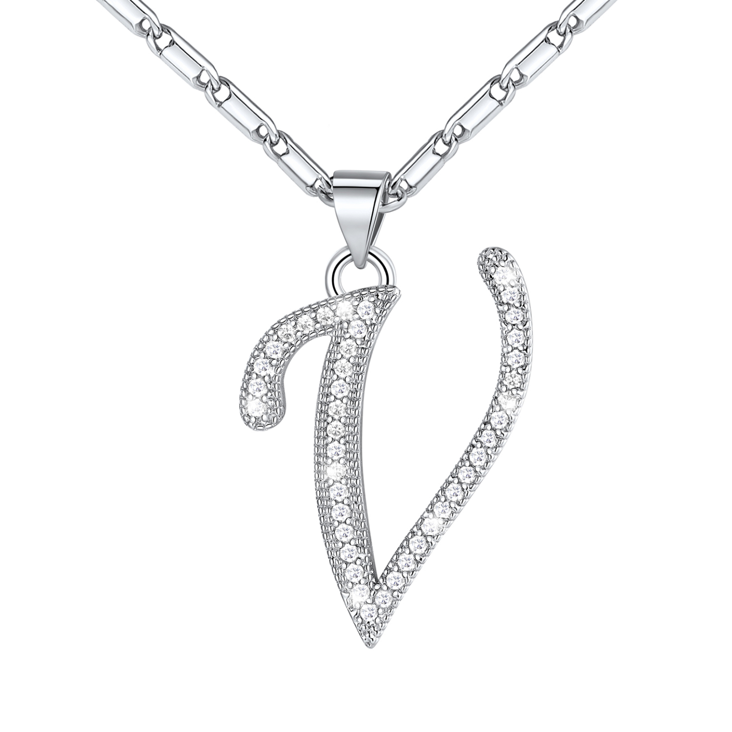 Initial Pendant Necklace with CZ in Platinum Plated - V