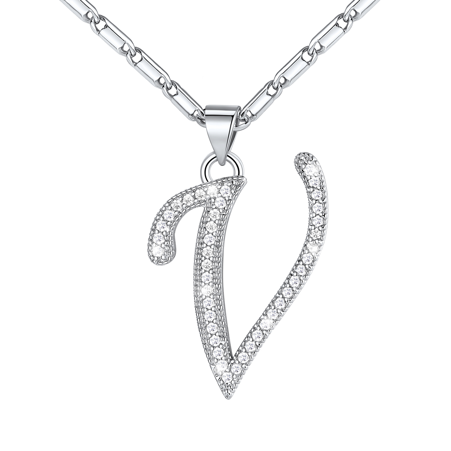 Initial Pendant Necklace with CZ in Platinum Plated - V