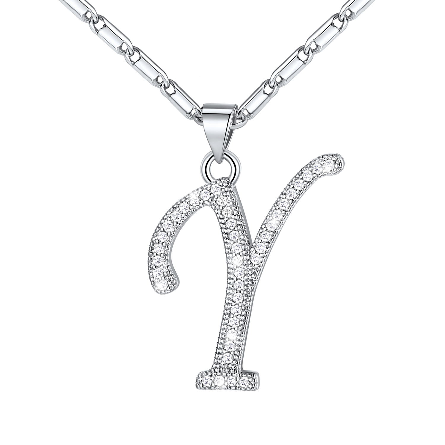 Initial Pendant Necklace with CZ in Platinum Plated - Y