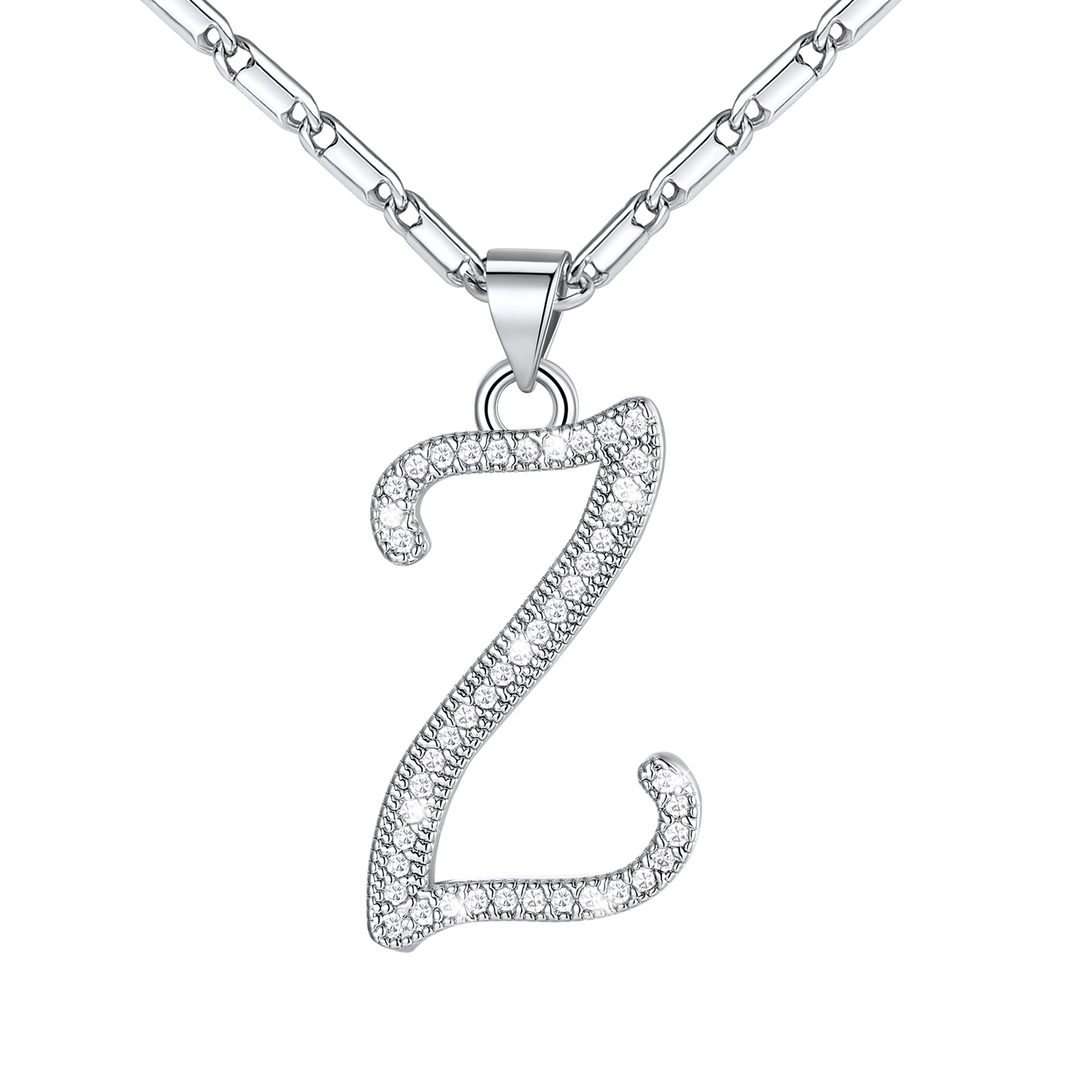 Initial Pendant Necklace with CZ in Platinum Plated - Z