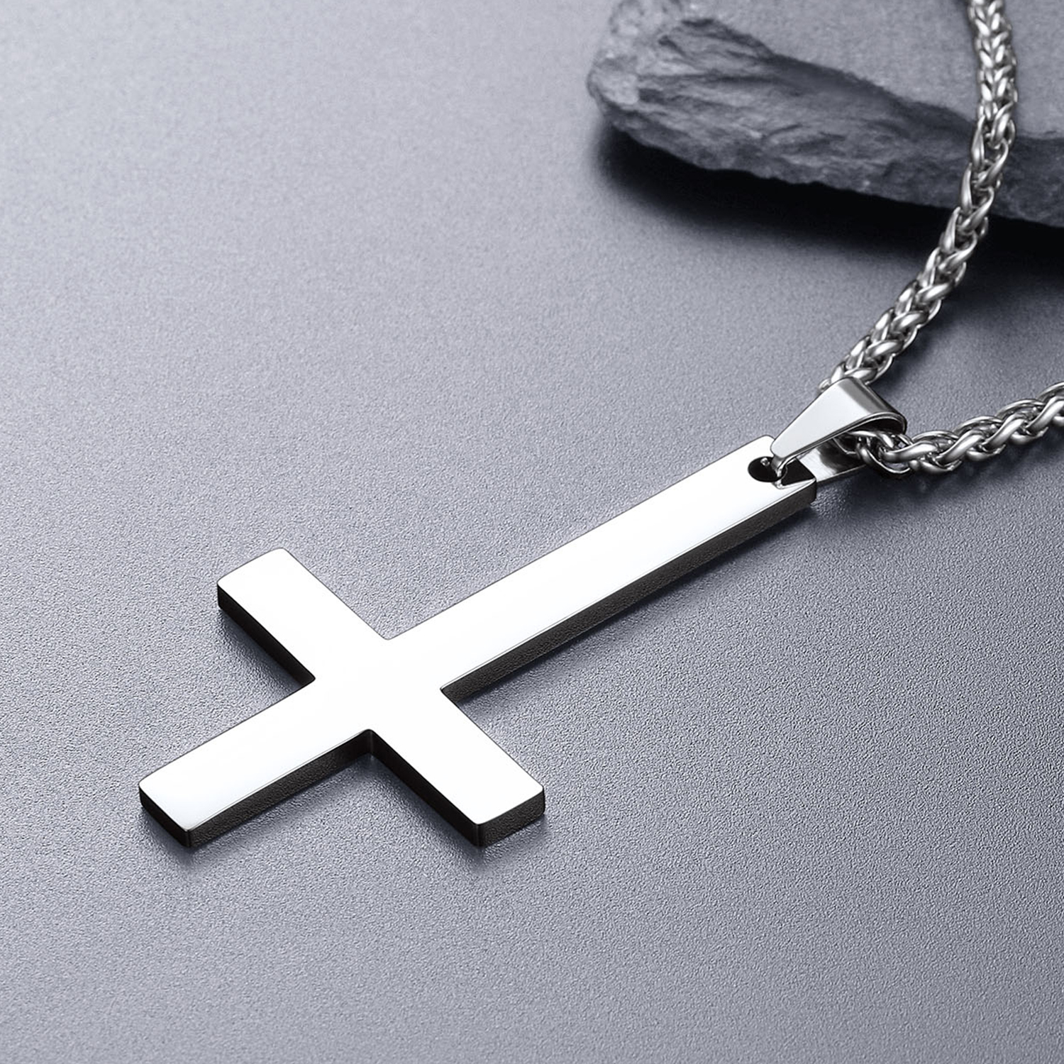 Inverted Cross Pendant Necklace, Stainless Steel-03