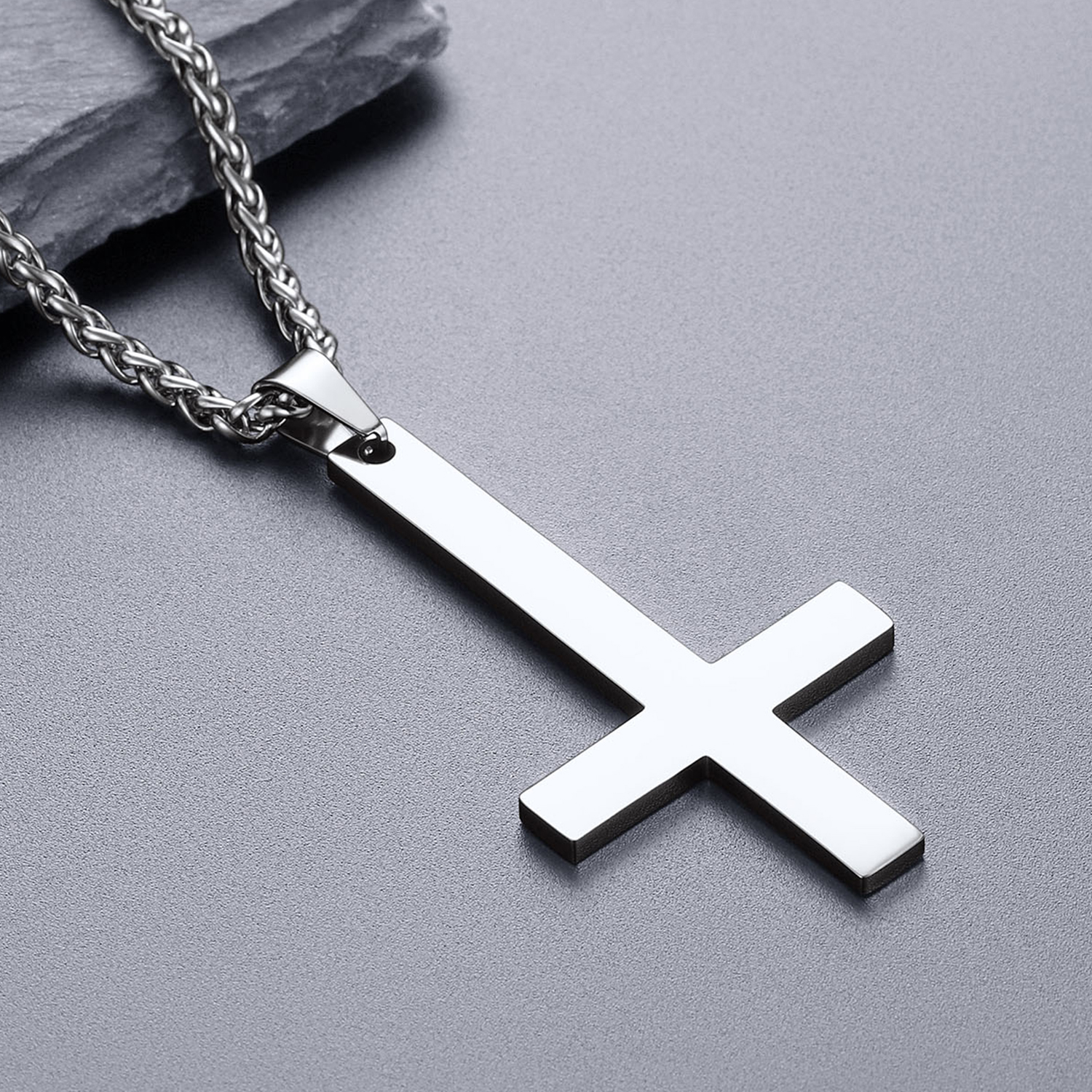 Inverted Cross Pendant Necklace, Stainless Steel-04