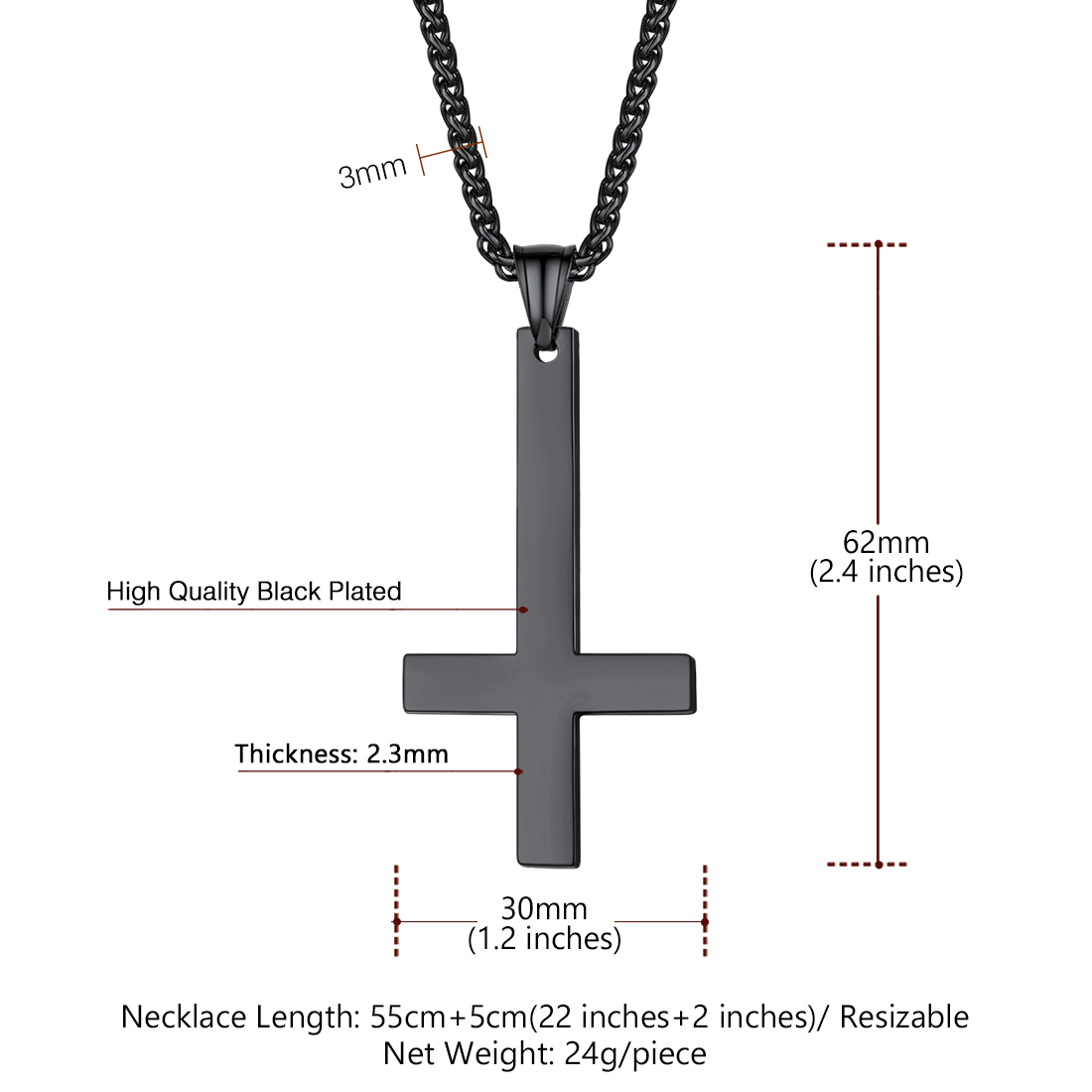 Inverted Cross Pendant Necklace Details-Necklace Length, Weight