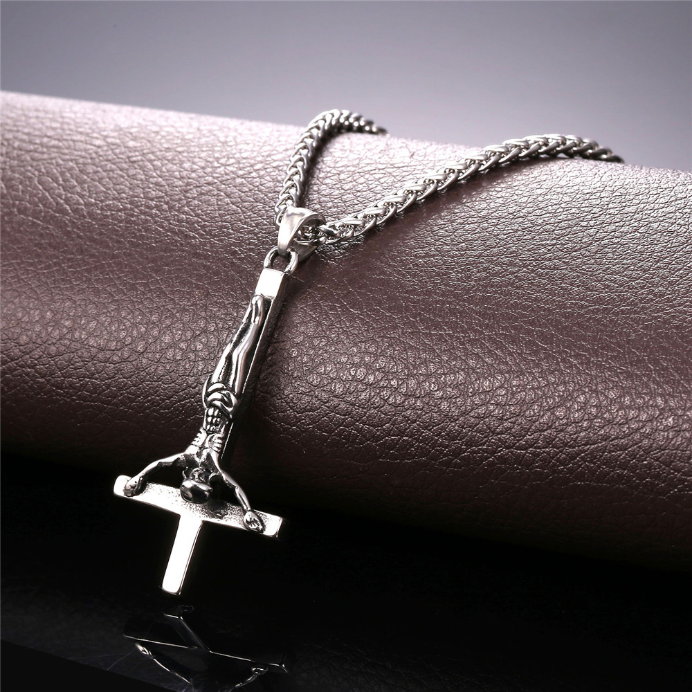 Inverted Cross Pendant Upside Down Cross Jesus Necklace, Stainless-01
