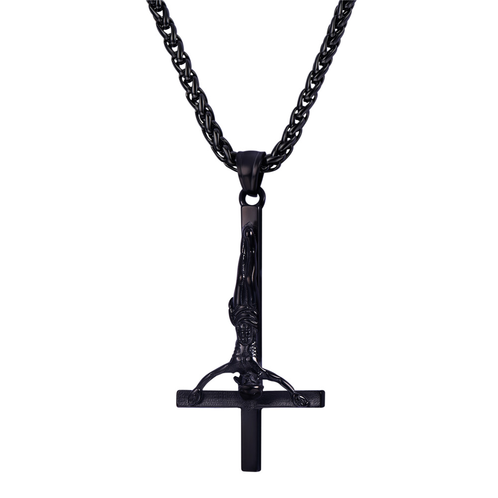 Inverted Cross Pendant Upside Down Cross Jesus Necklace in Black Plated