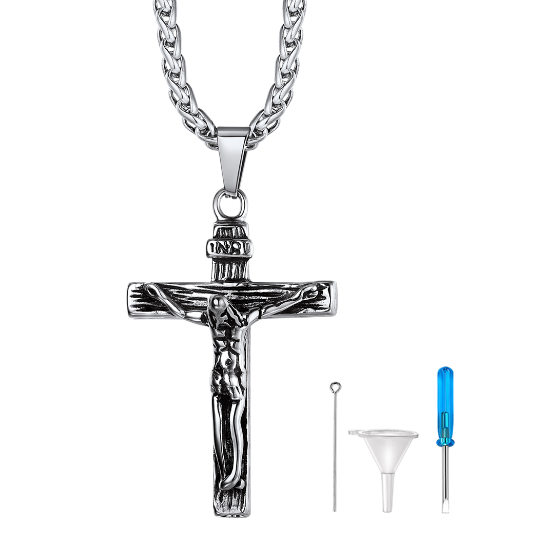 Jesus Cross Crucifix Pendant Cremation Urn Necklace in Stainless