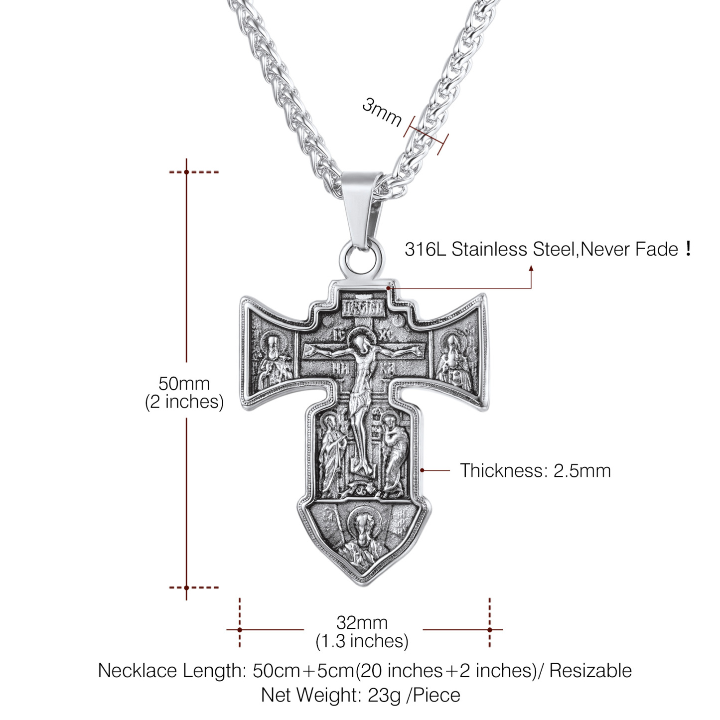 Jesus Cross Pendant Crucifix Necklace Details-Necklace Length, Weight