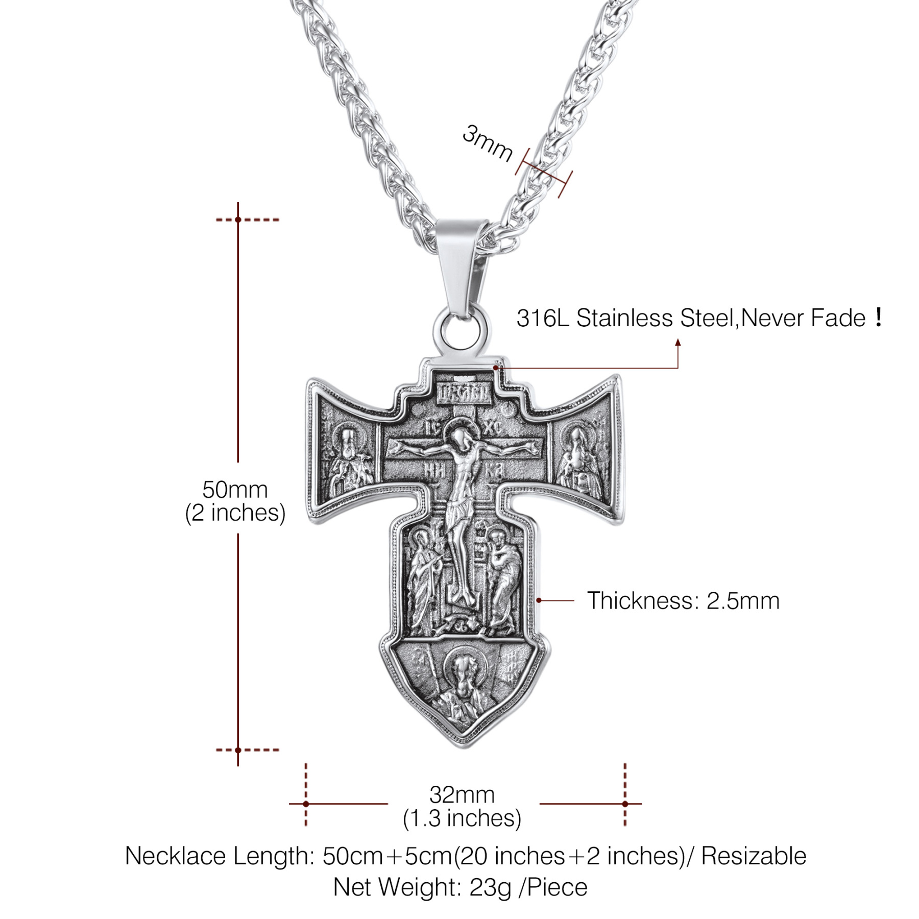 Jesus Cross Pendant Crucifix Necklace Details-Necklace Length, Weight