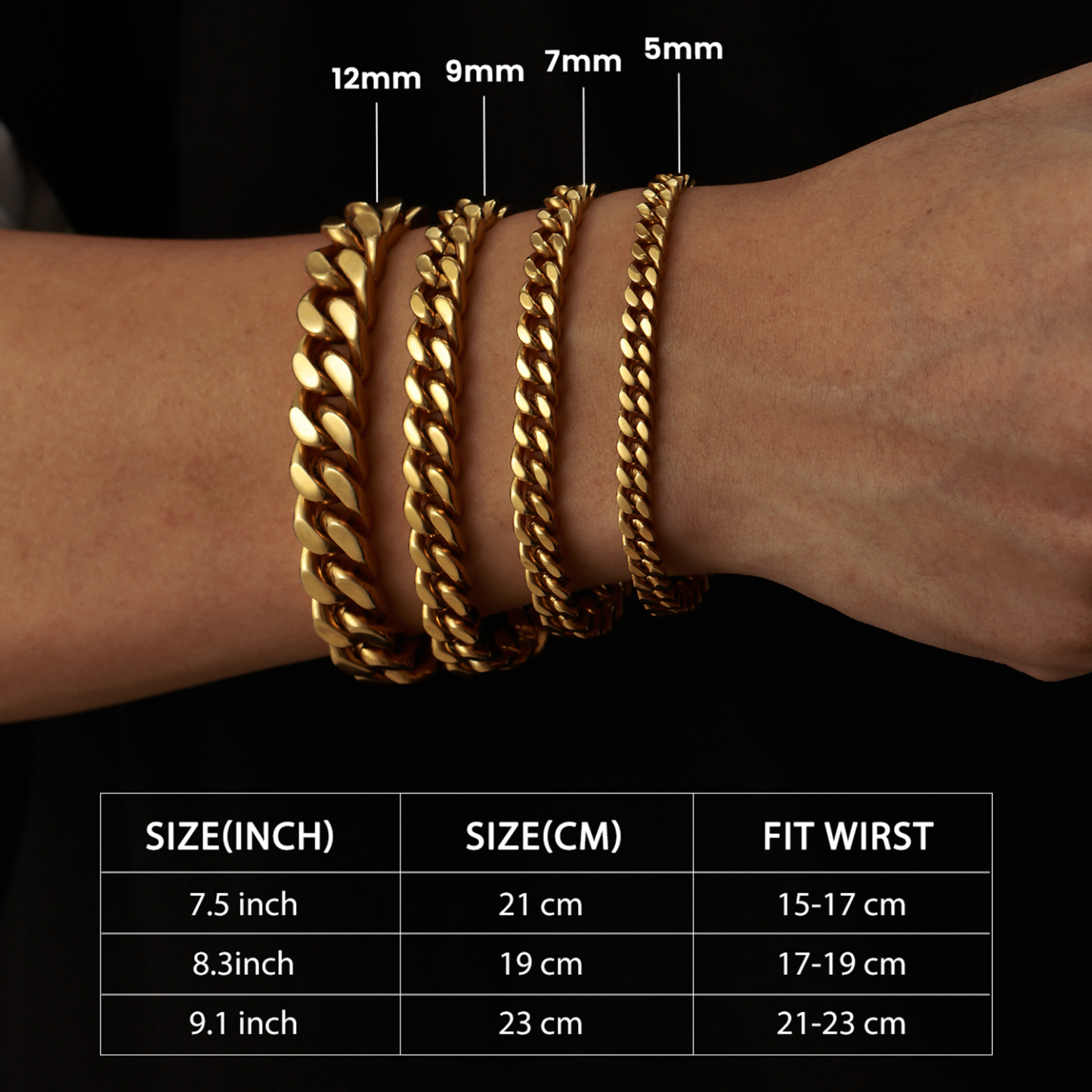 Miami Cuban Chain Bracelet in 18K Gold Plated Size Guide - Width and Length