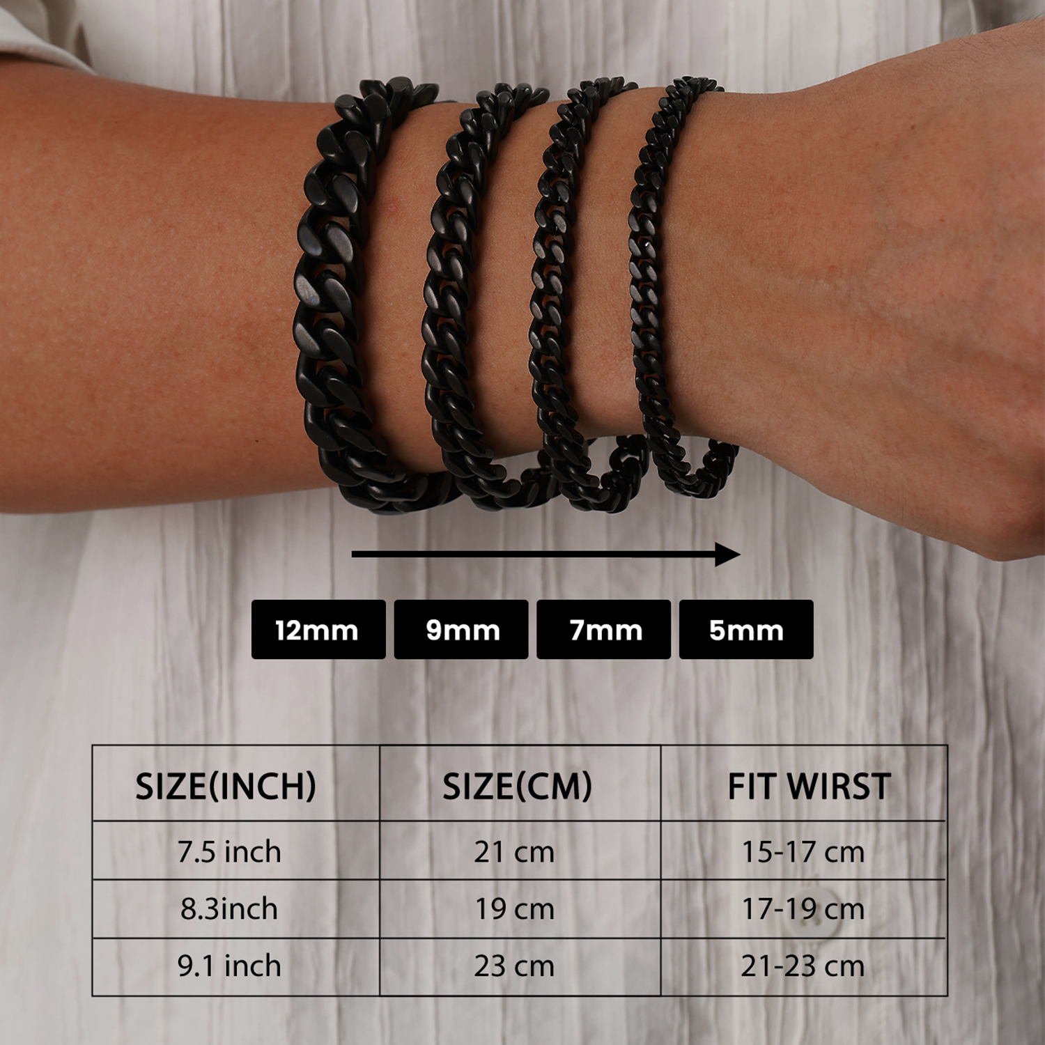 Miami Cuban Chain Bracelet in Black Plated Guide - Width and Length