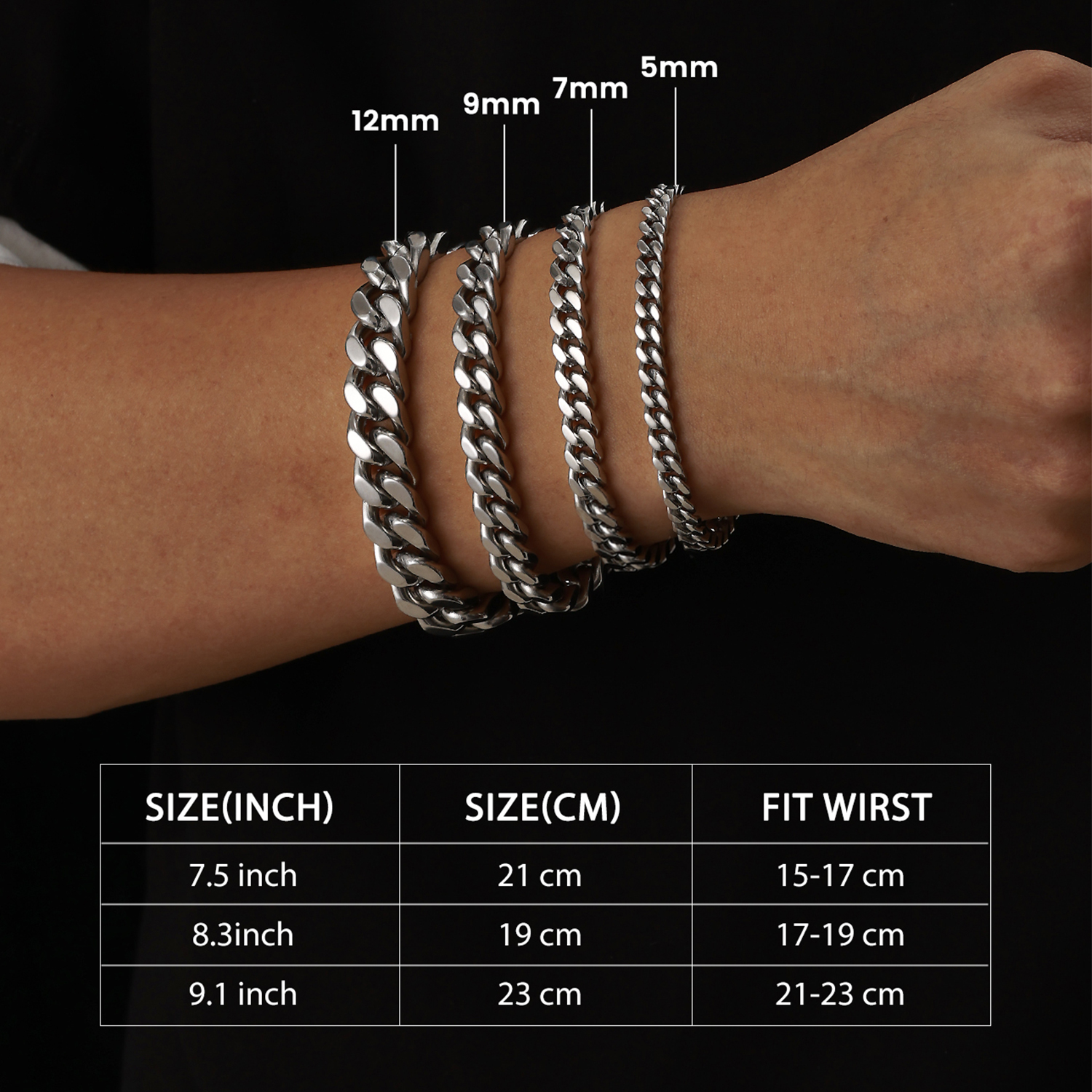 Miami Cuban Chain Bracelet in Stainless Steel Size Guide - Width and Length