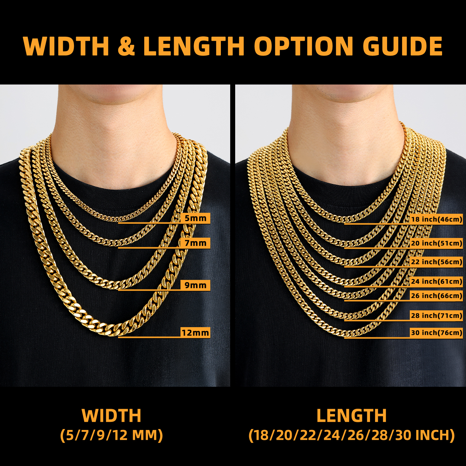 Miami Cuban Chain Necklace Size Guide - Width and Length