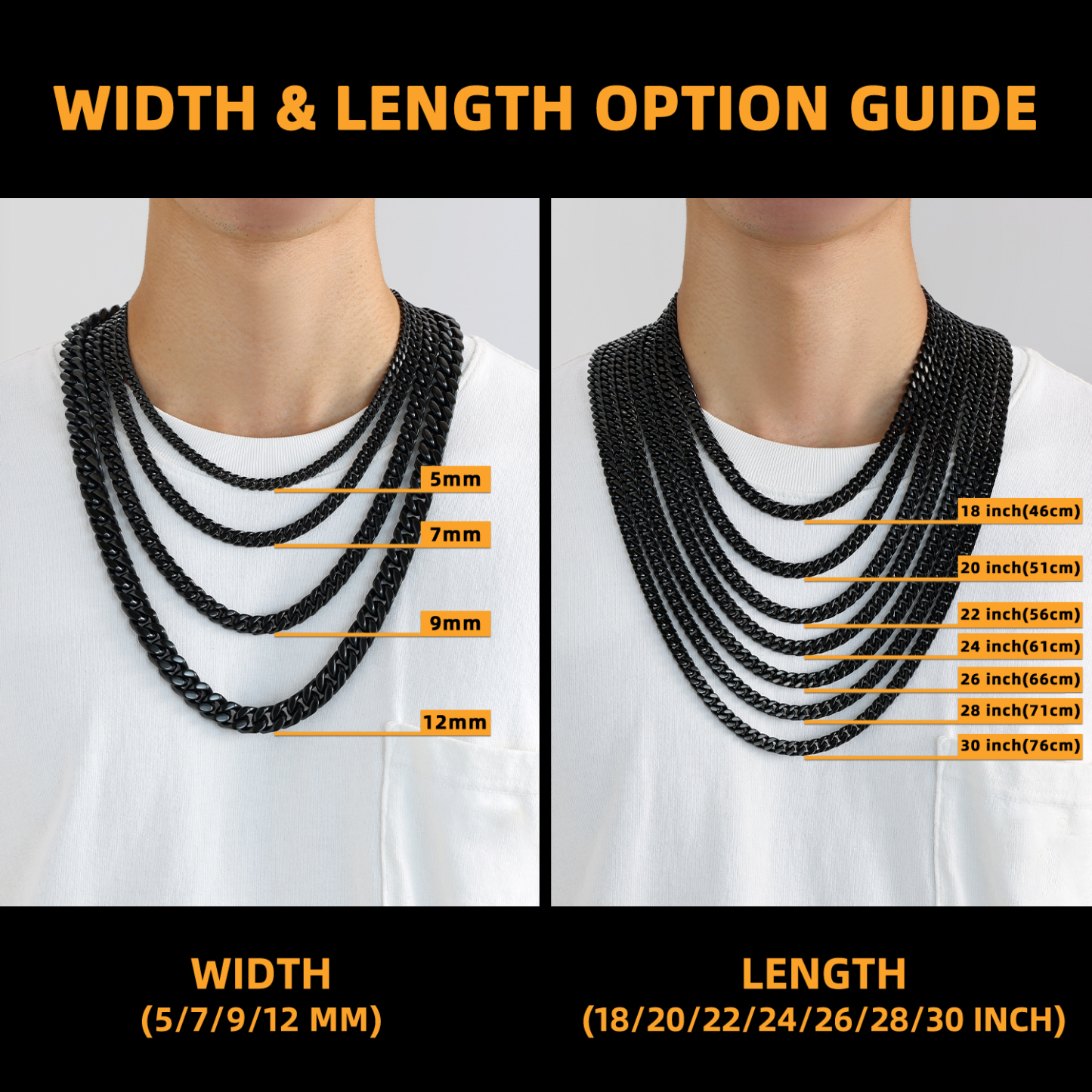Miami Cuban Chain Necklace in Black Plated Size Guide - Width and Length