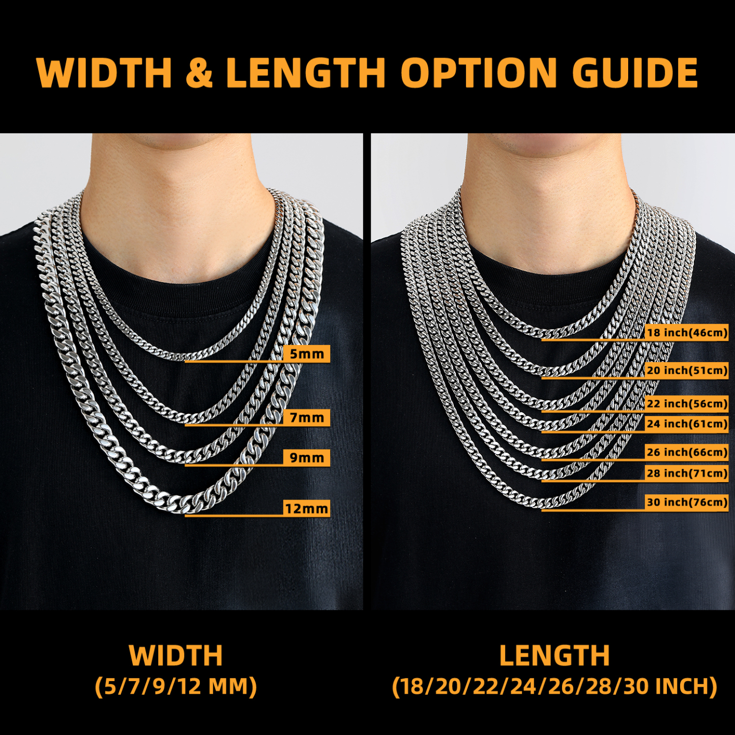 Miami Cuban Chain Necklace in Stainless Steel Size Guide - Width and Length