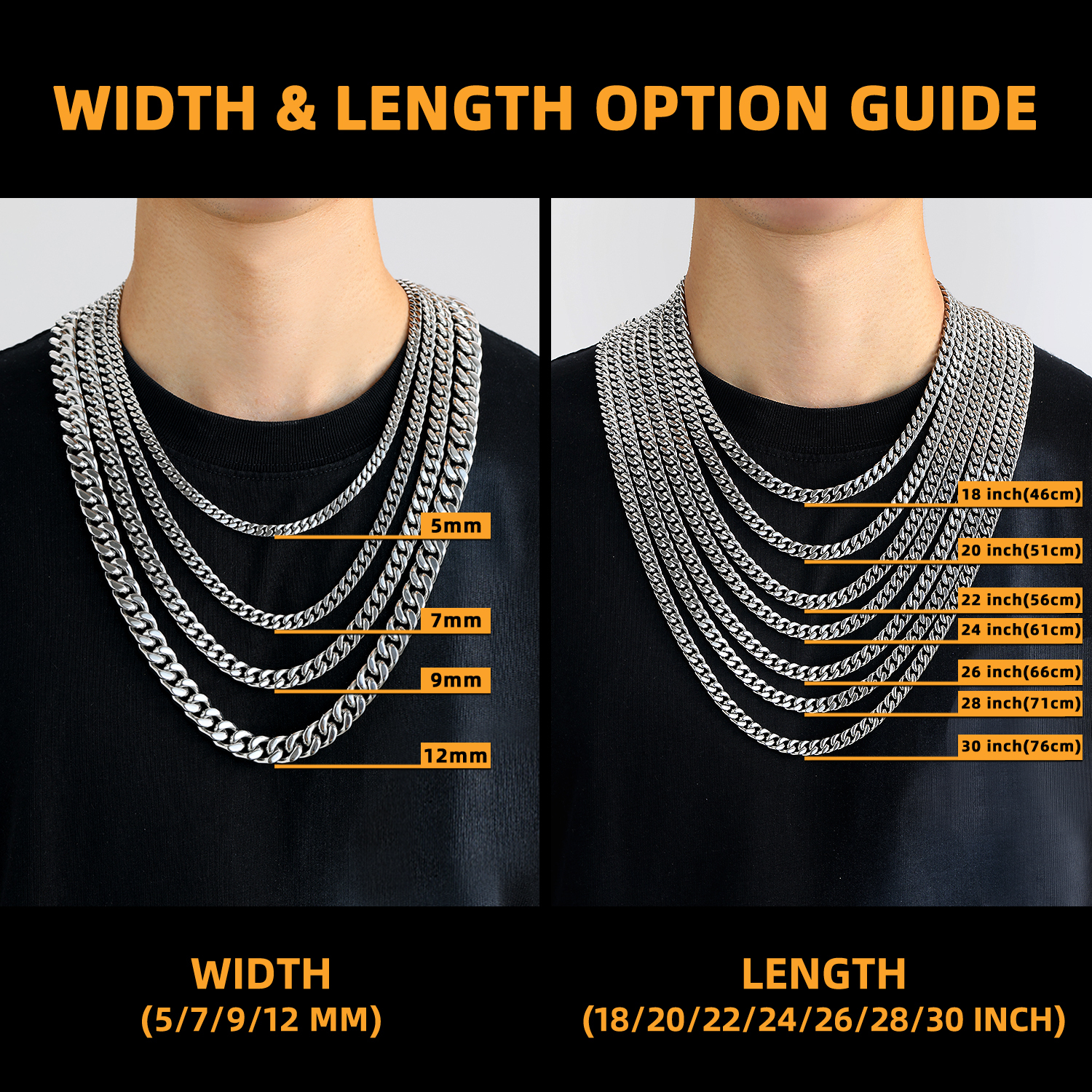 Miami Cuban Chain Necklace in Stainless Steel Size Guide - Width and Length