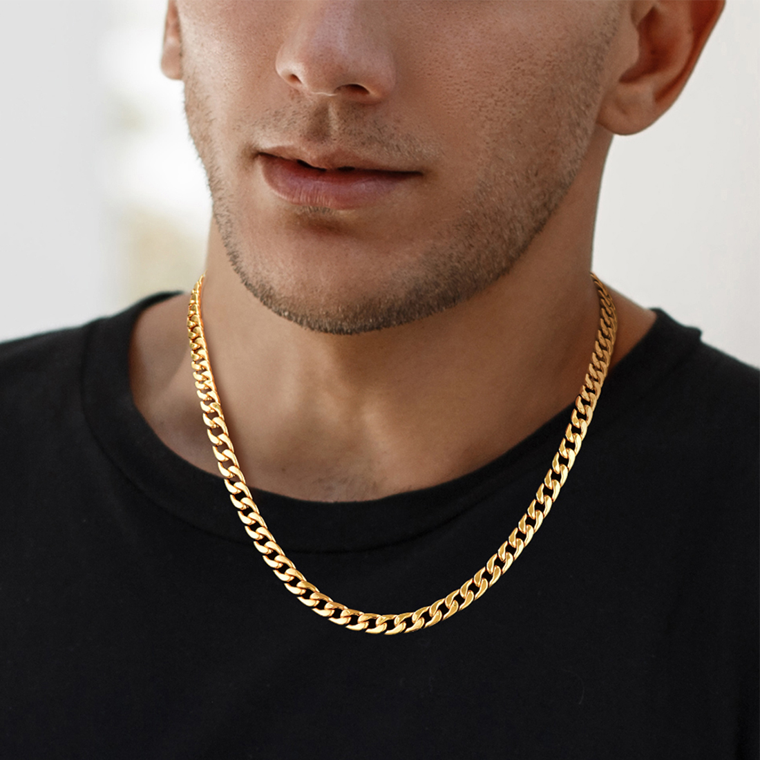 7mm Thick Cuban Chain Necklace Curb Chain Hip Hop Jewelry in 18K Gold Plated