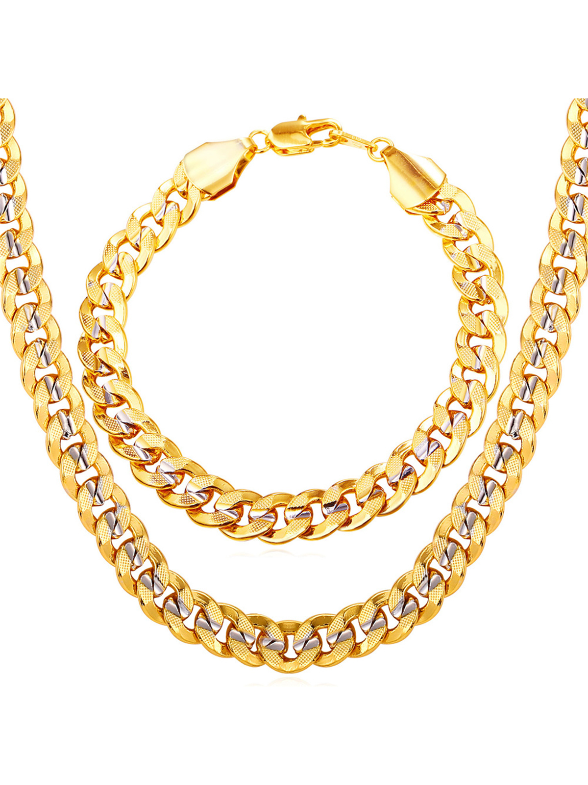 Chunky Cuban Chain Necklace Bracelet Set in 18K Gold Plated