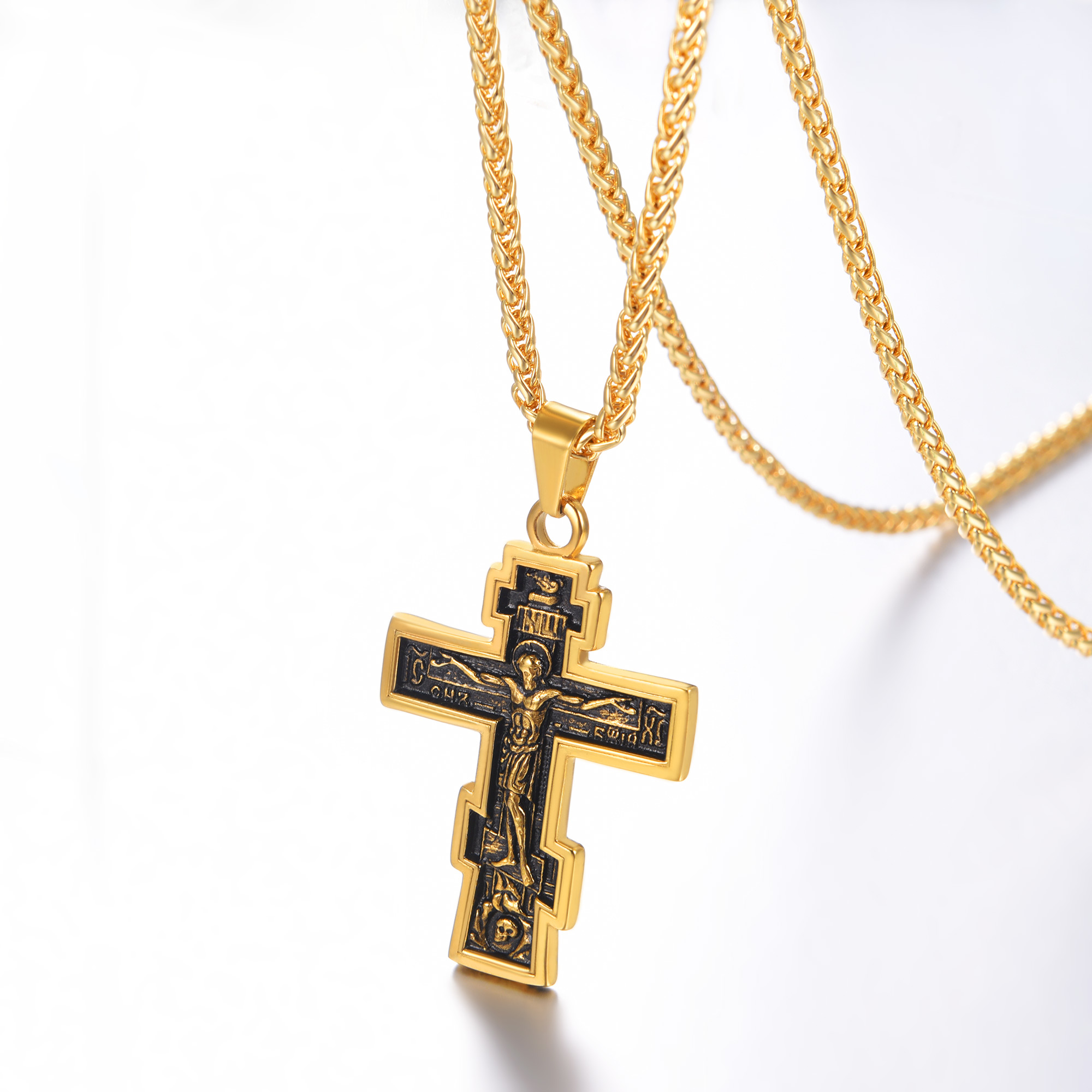 Orthodox Cross Pendant Jesus Crucifix Necklace, 18K Gold Plated-01