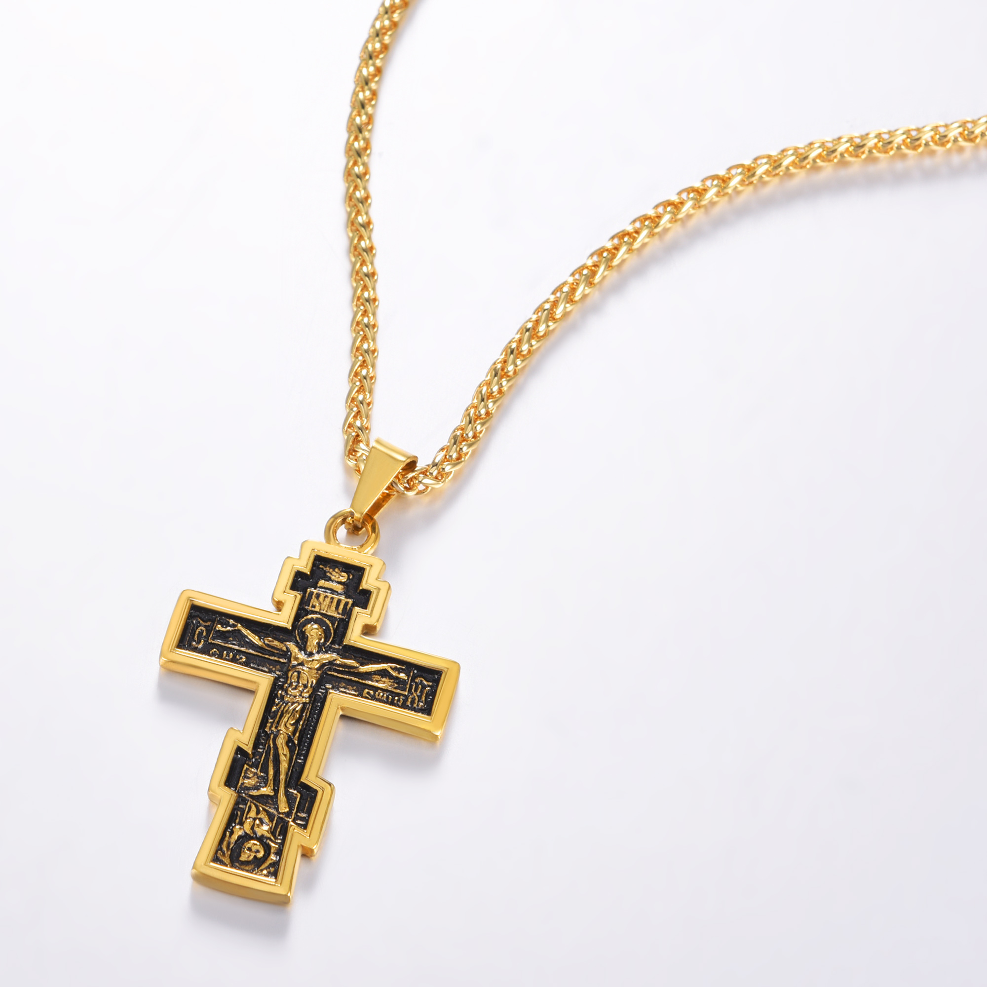 Orthodox Cross Pendant Jesus Crucifix Necklace, 18K Gold Plated-03