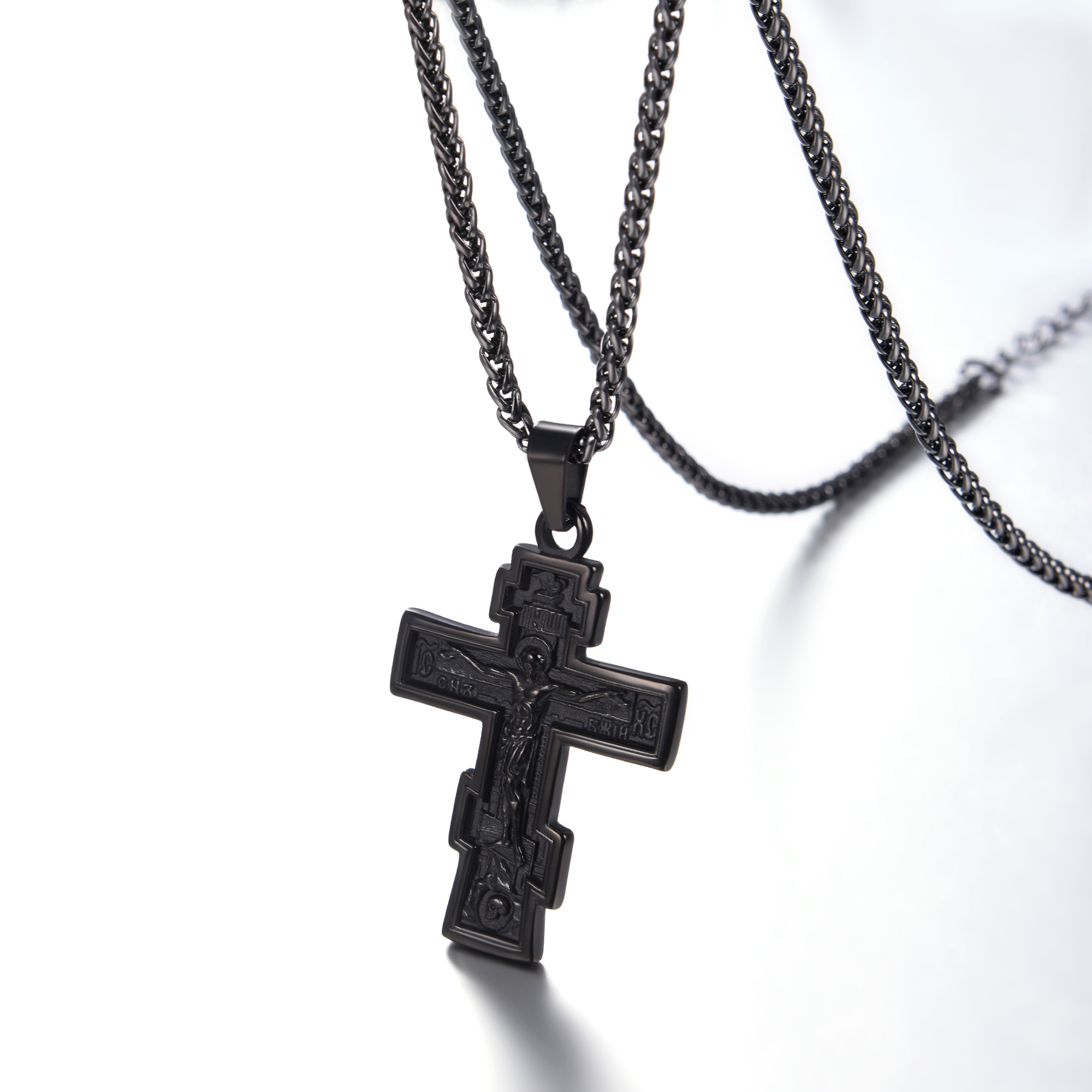Orthodox Cross Pendant Jesus Crucifix Necklace, Black Plated-01
