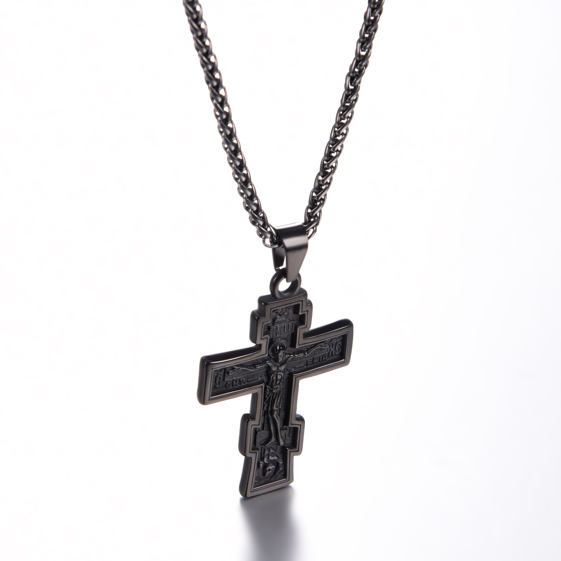 Orthodox Cross Pendant Jesus Crucifix Necklace, Black Plated-02
