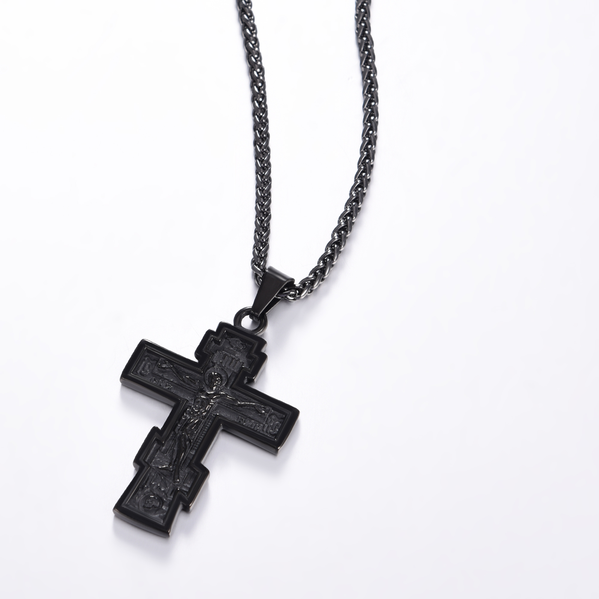 Orthodox Cross Pendant Jesus Crucifix Necklace, Black Plated-03