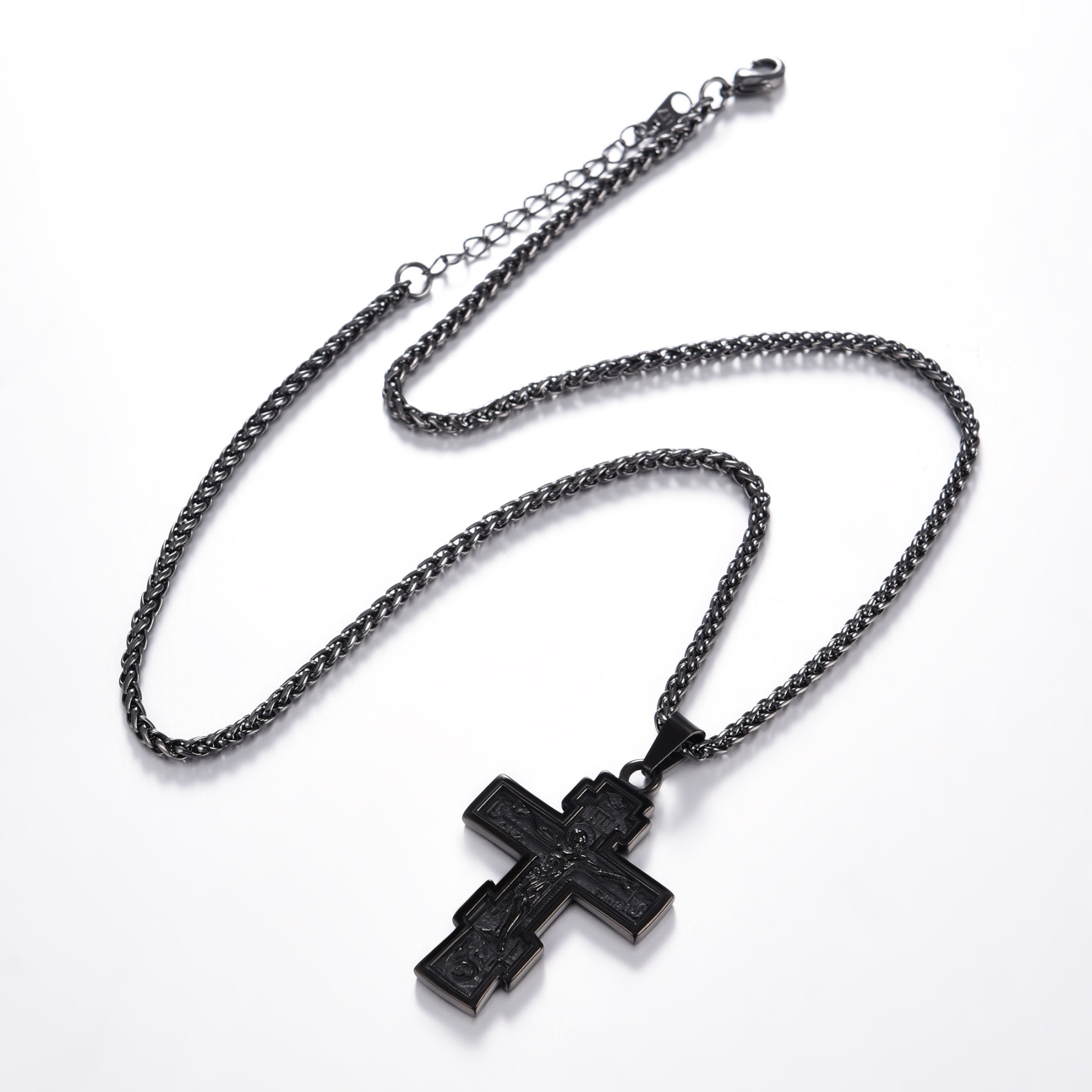Orthodox Cross Pendant Jesus Crucifix Necklace, Black Plated-05
