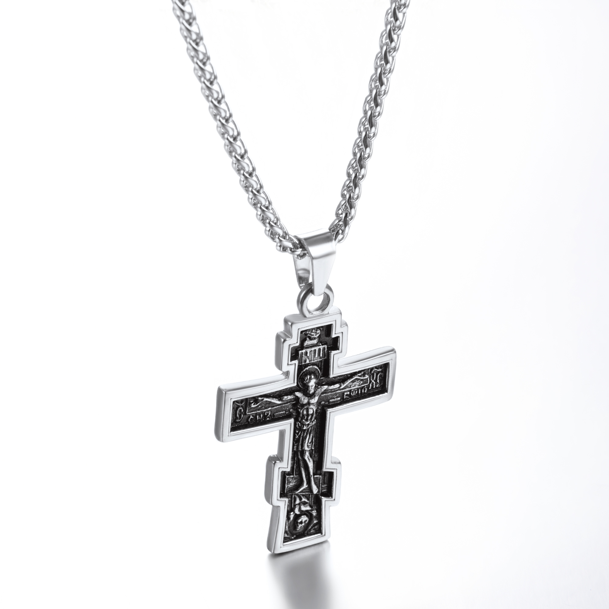 Orthodox Cross Pendant Jesus Crucifix Necklace, Stainless Steel-02
