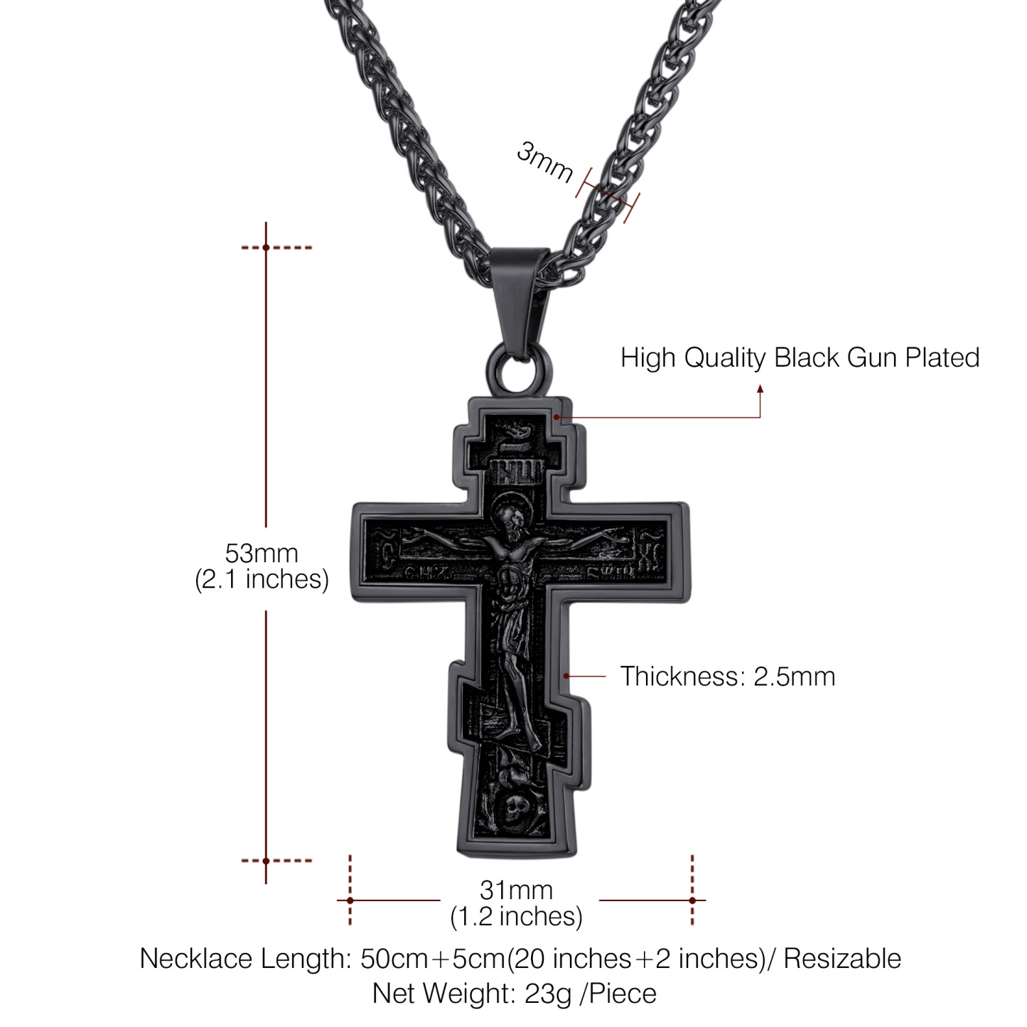 Orthodox Cross Pendant Jesus Crucifix Necklace Details-Necklace Length, Weight