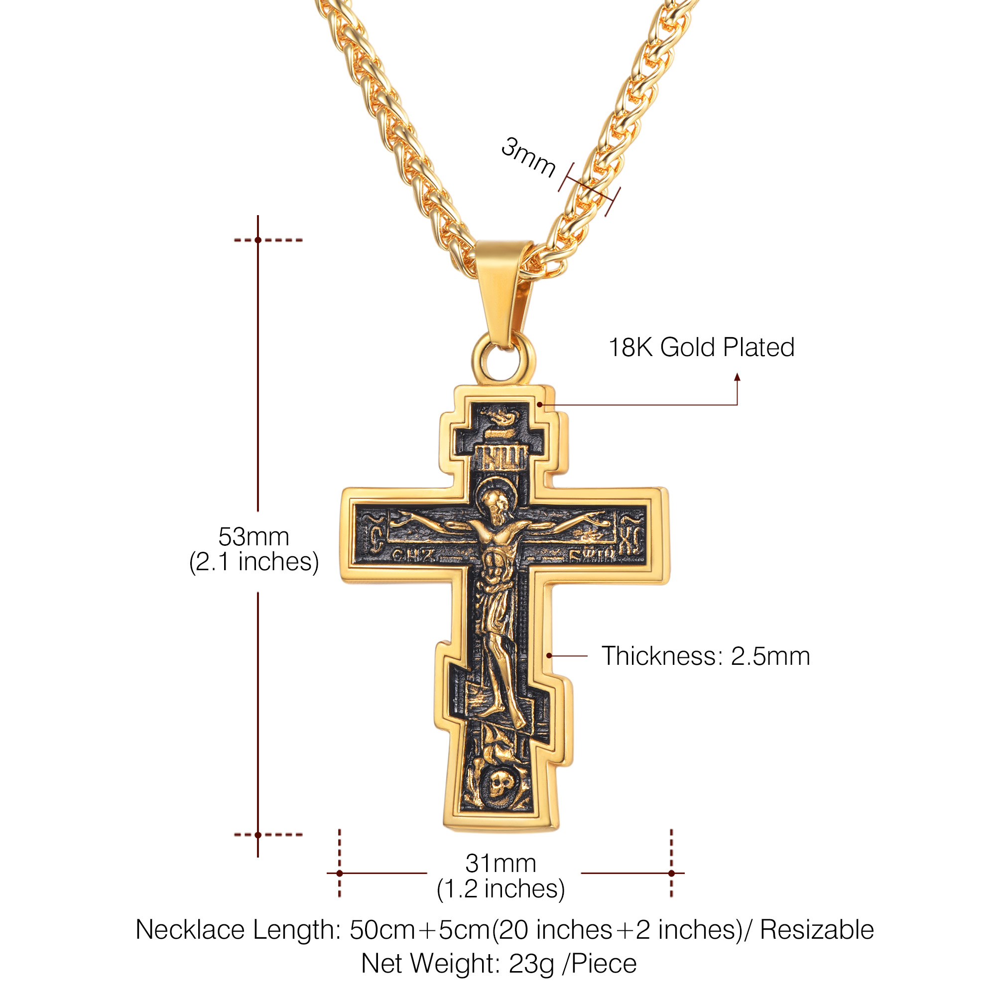 Orthodox Cross Pendant Jesus Crucifix Necklace Details-Necklace Length, Weight