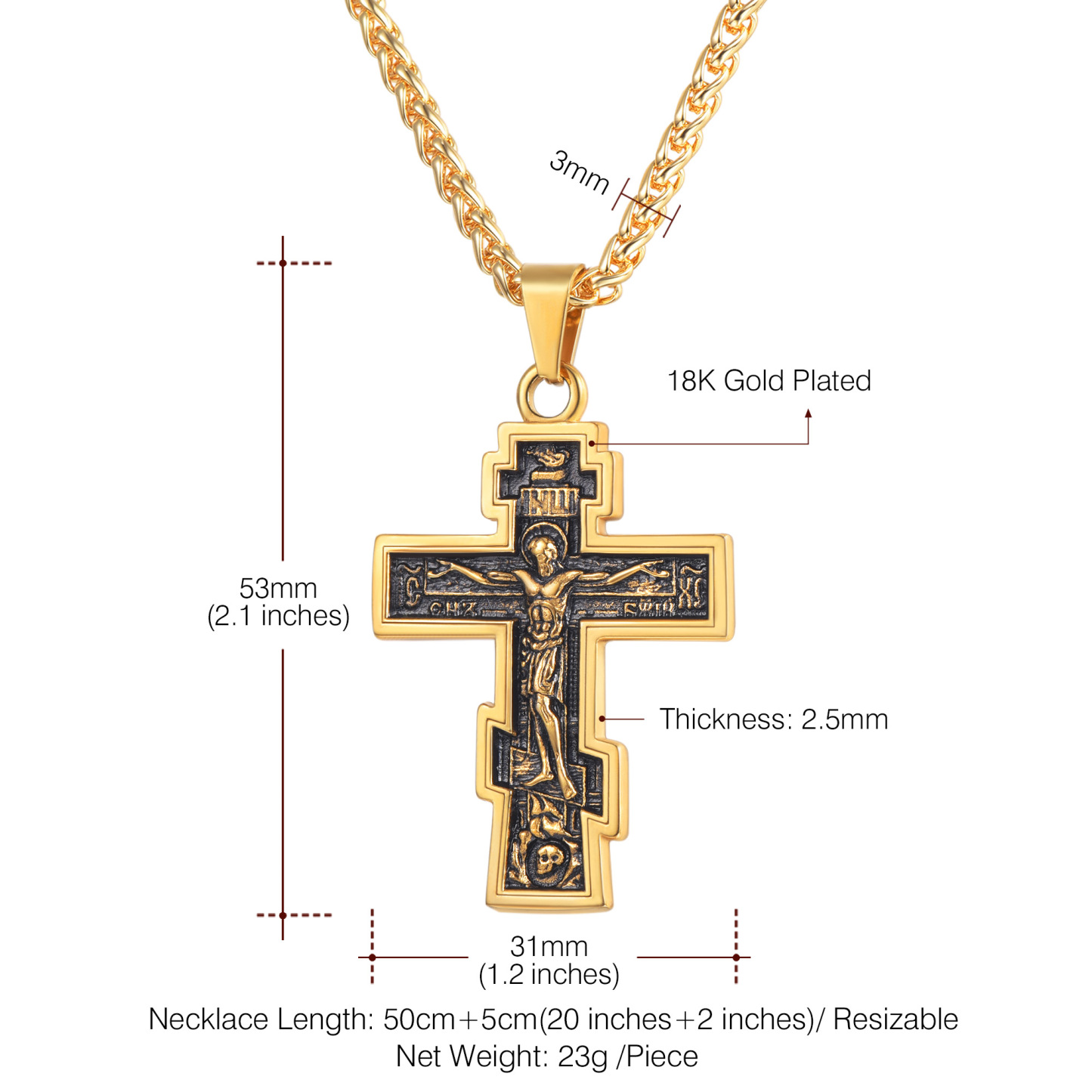 Orthodox Cross Pendant Jesus Crucifix Necklace Details-Necklace Length, Weight