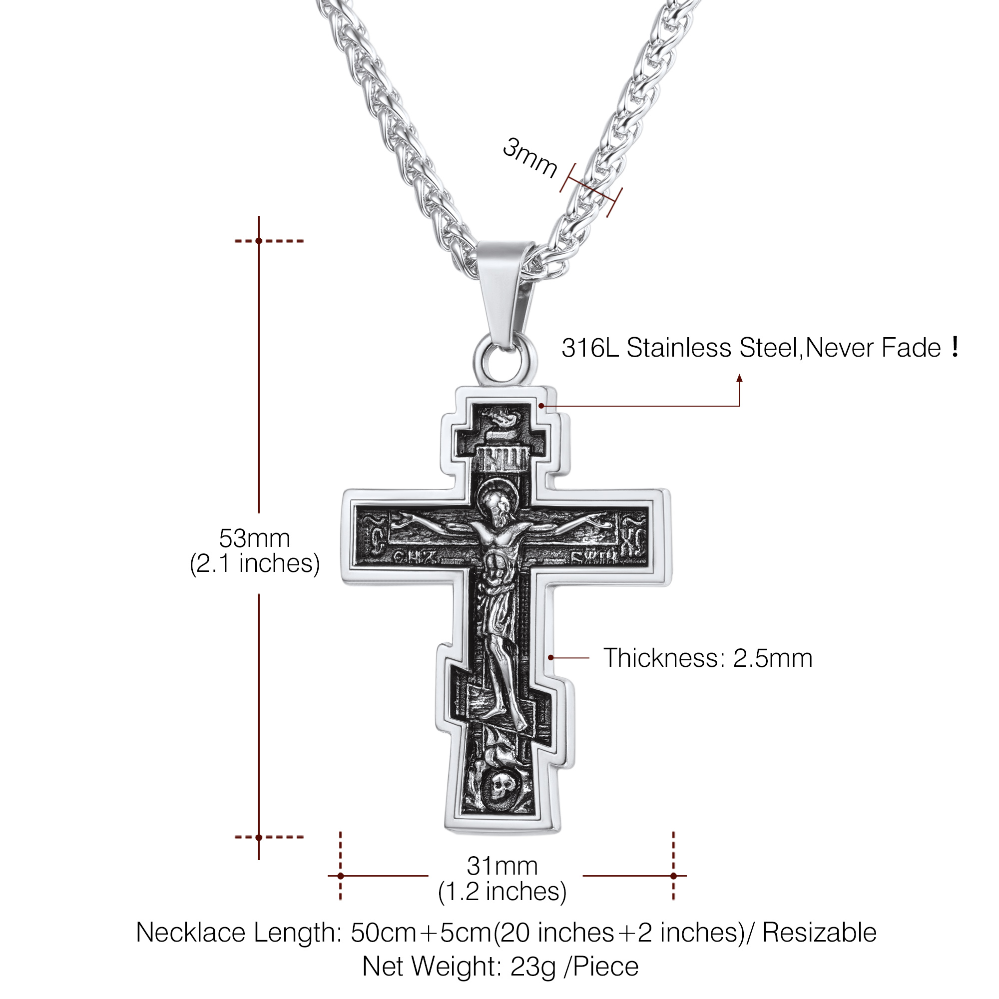Orthodox Cross Pendant Jesus Crucifix Necklace Details-Necklace Length, Weight