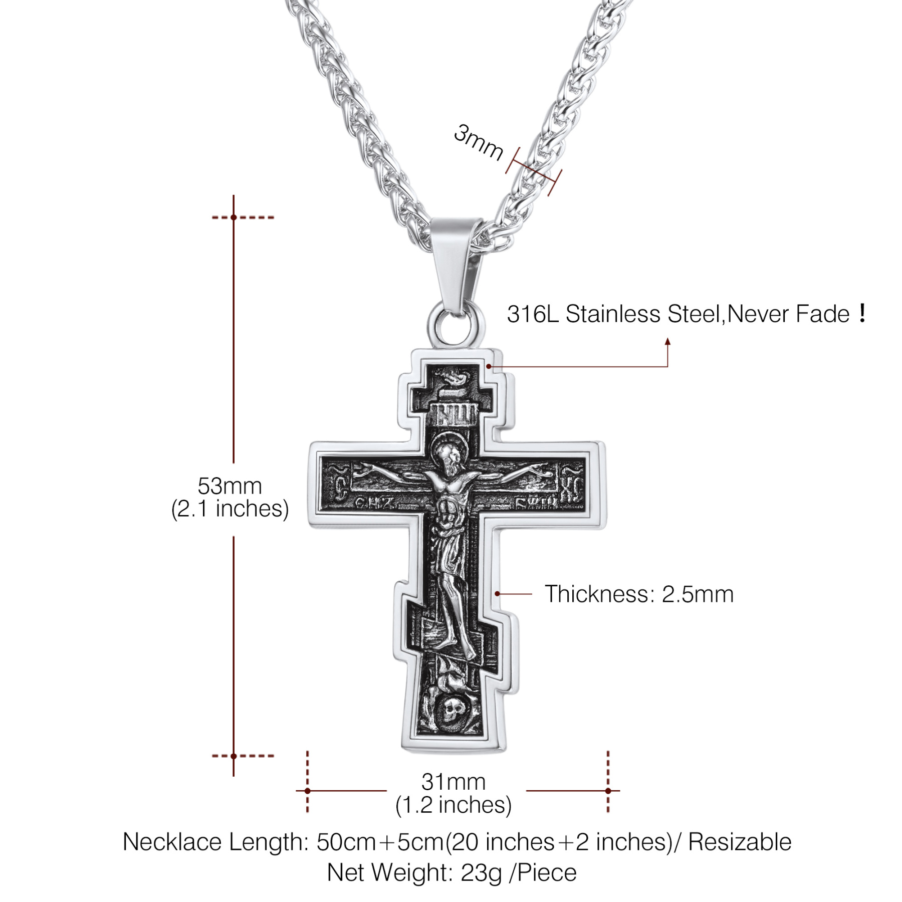 Orthodox Cross Pendant Jesus Crucifix Necklace Details-Necklace Length, Weight