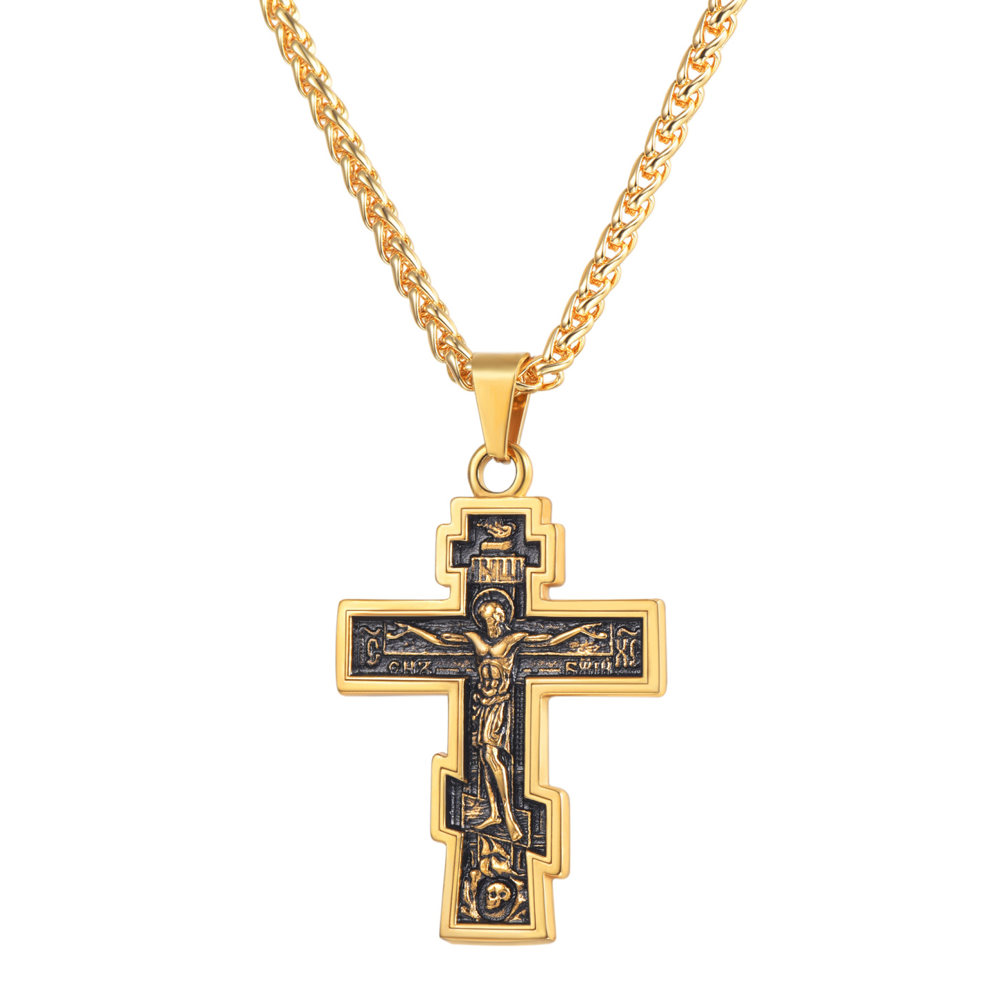 Orthodox Cross Pendant Jesus Crucifix Necklace in 18K Gold Plated